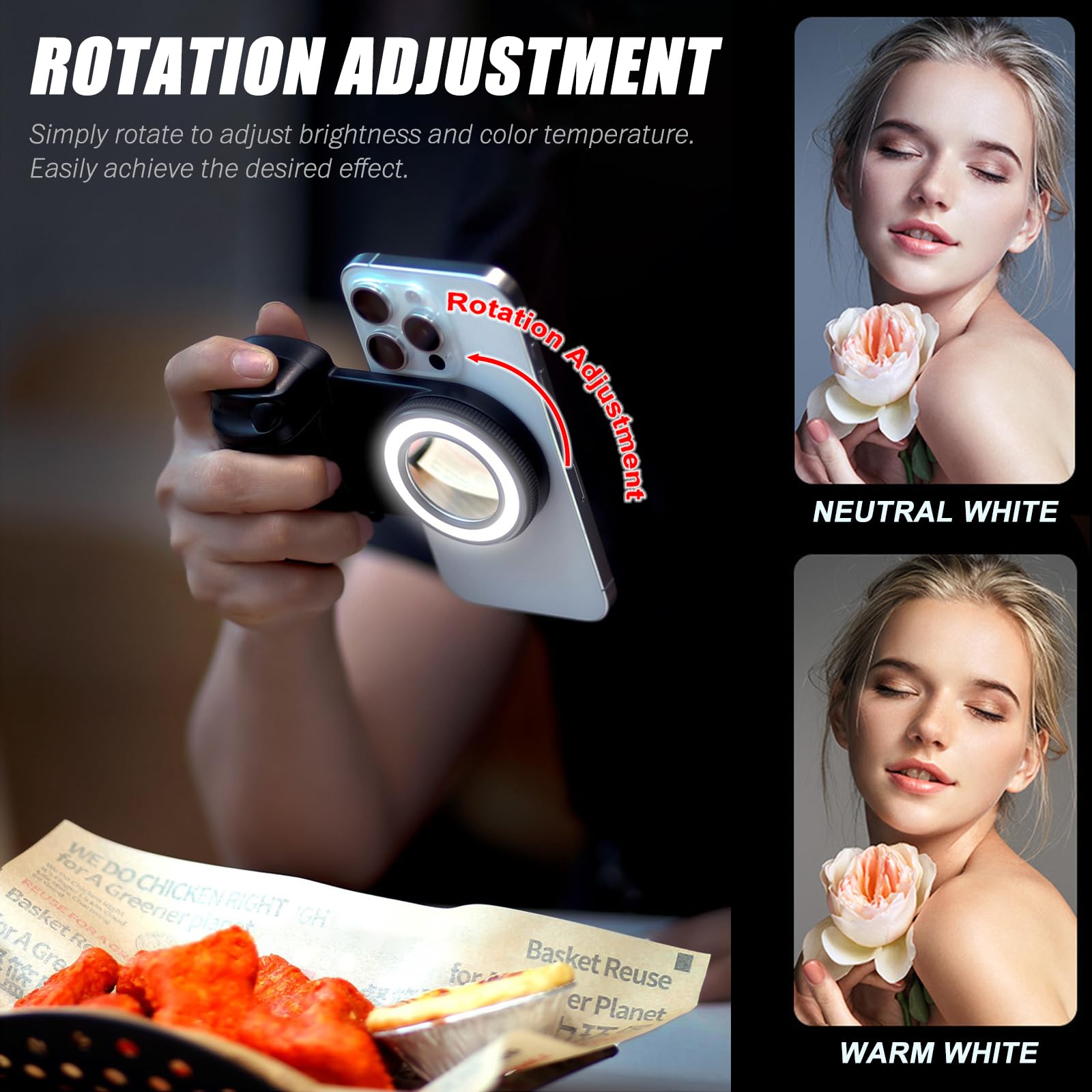 Magnetic Selfie Ring Light, Snap Grip With Detachable Bluetooth Remote Control For Iphone, Rechargeable Led Fill Light, Smartpho