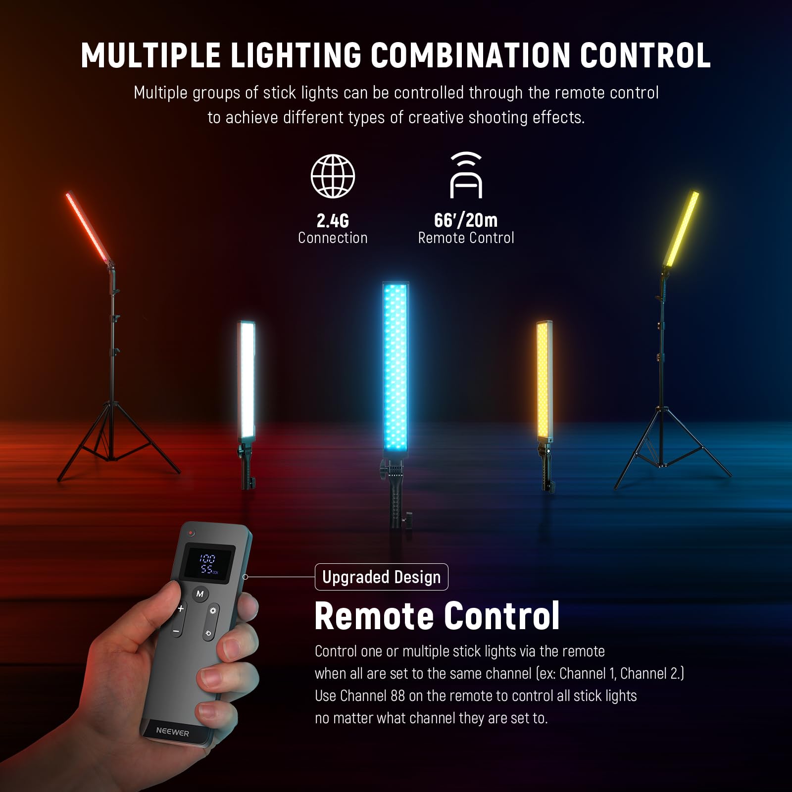 Neewer Upgraded Led Video Light Stick & 2.4G Remote Kit, 2 Pack Handheld Dimmable 3200K~5600K Cri97+ Video Lighting With Stands/