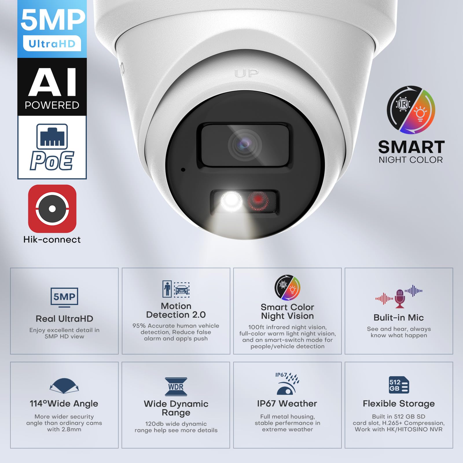 Hitosino 5Mp Ip Poe Camera, Outdoor Turret Camera With Mic, Hikconnect/Sadp/Ivms4200, Smart Color Night Vision, Low Light Starli