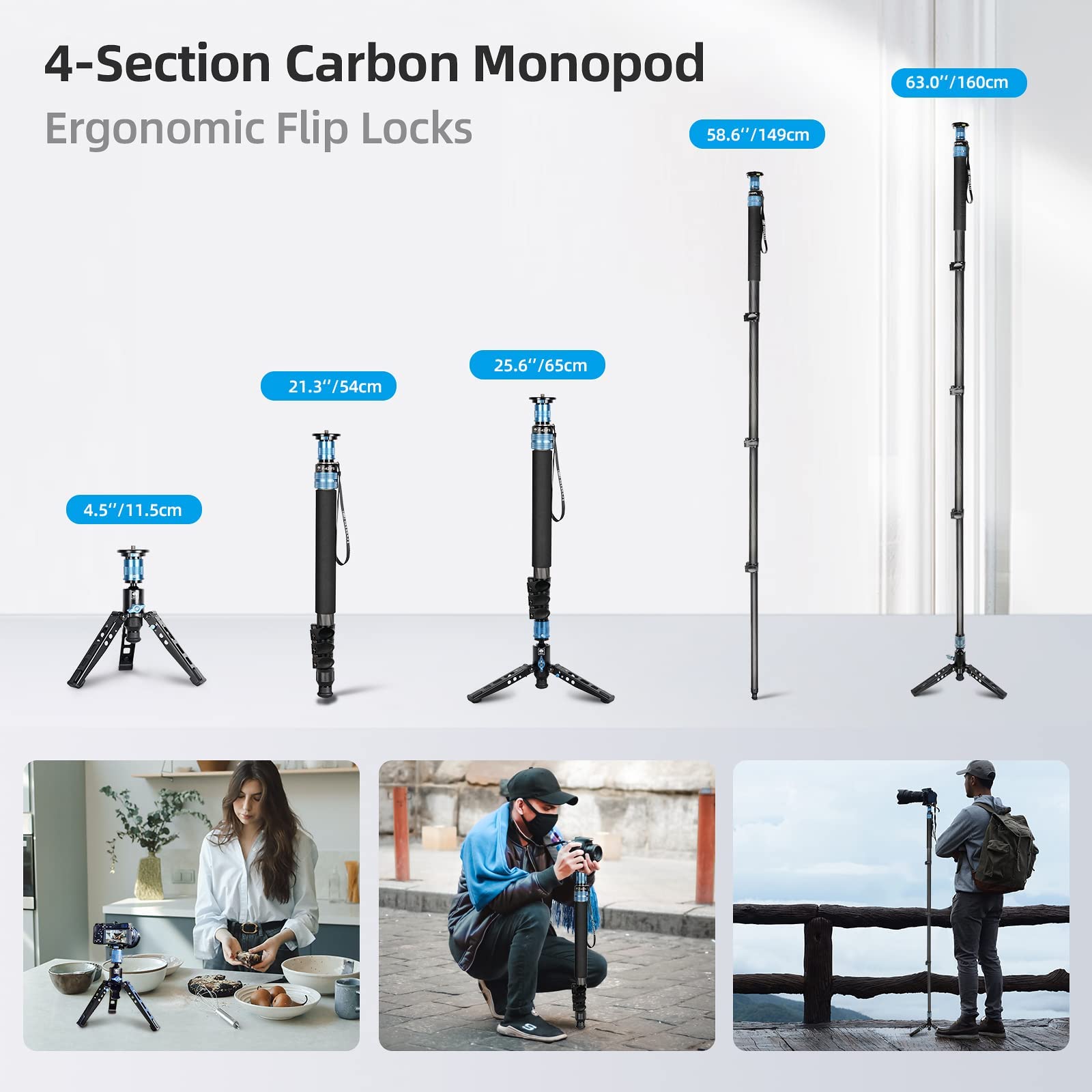 Sirui P 424Fs Carbon Fiber Monopod, 63' Professional Monopod For Cameras, Lightweight Monopod With Feet, 4 Section, 360� Panorama, Modular 3 In 1, Quick Release Plate, Max Load 12Kg/26Lbs