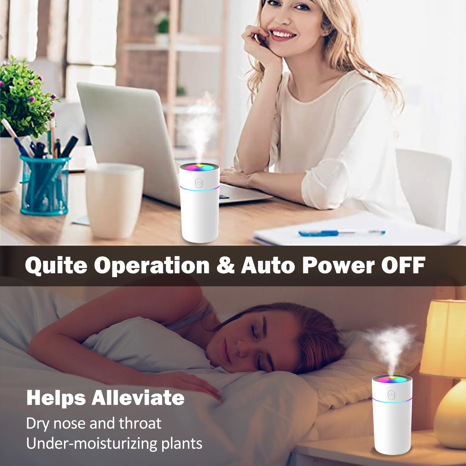 Mini Humidifiers Battery Powered Portable Car Humidifier With 7 Color Lights, Auto Shut Off Small Desk Humidifier [2 Mist Modes]