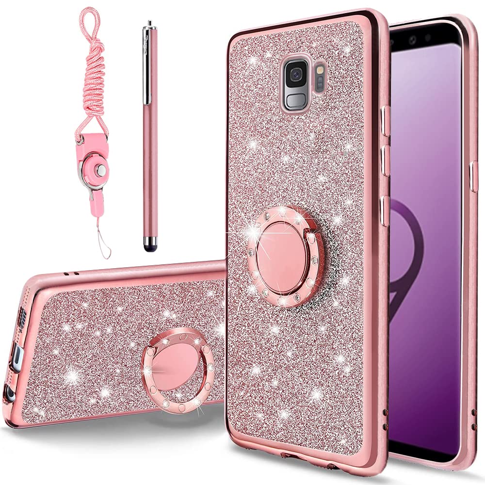B Wishy For Samsung Galaxy S9 Glitter Crystal Butterfly Heart Floral Slim Tpu Luxury Bling Cute Protective Cover With Kickstand+