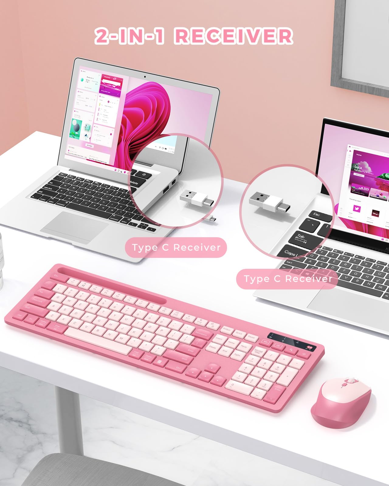 Wireless Keyboard And Mouse Set Rose Pink, Vivefox Wireless Keyboard With Phone Holder, Usb A & Type C Cute Keyboard And Mouse C