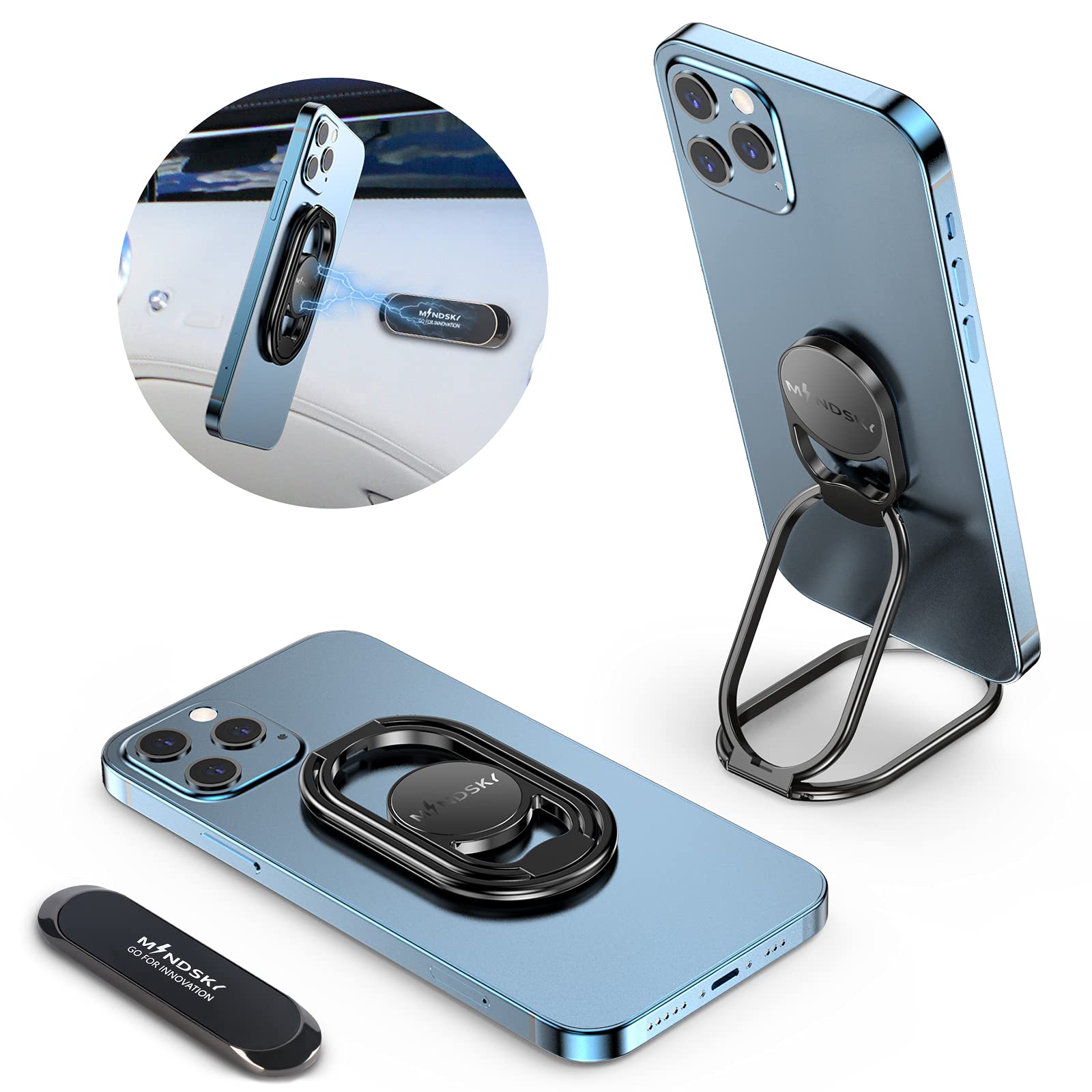 Phone Ring Holder-With Car Magnetic Phone Mount Metal Phone Ring Finger Kickstand Black Cell Phone Grip Compatible With Iphone I