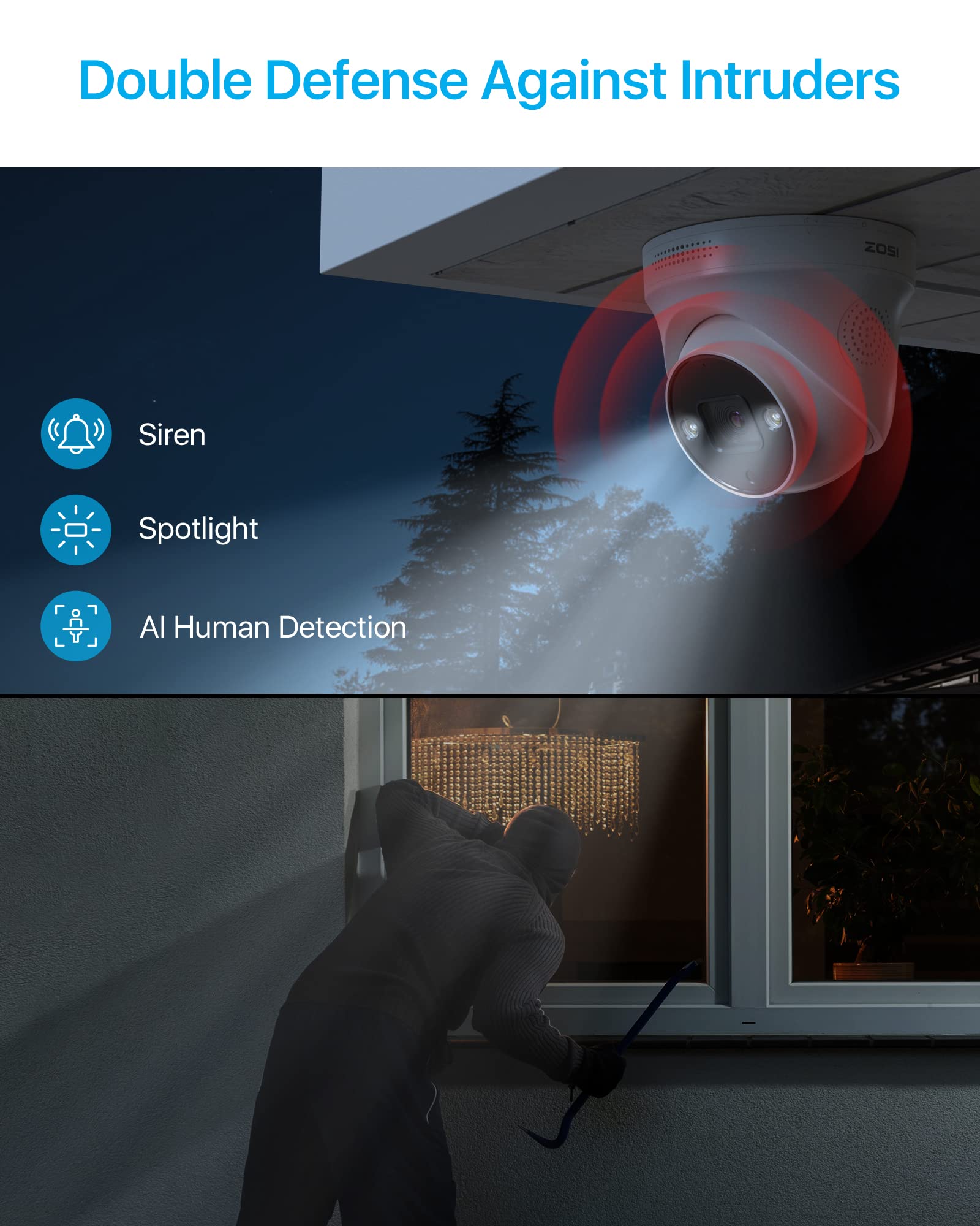 Zosi 4K Poe Add On Security Camera With Person Vehicle Detection, Sound & Light Alarm, 2 Way Audio, Color Night Vision, 8Mp Weat