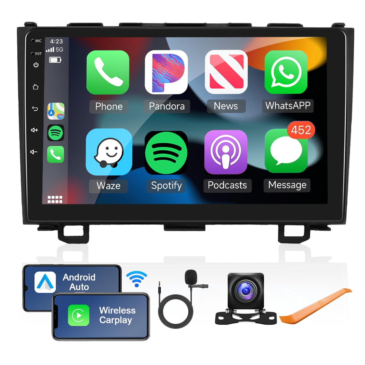 Android Car Stereo For Honda Crv 2007 2011 With Wireless Carplay/Android Auto With Wifi Gps Navigation, 9' Touchscreen Bluetooth Car Radio Support Usb Fm/Rds Backup Camera Steering Wheel Control