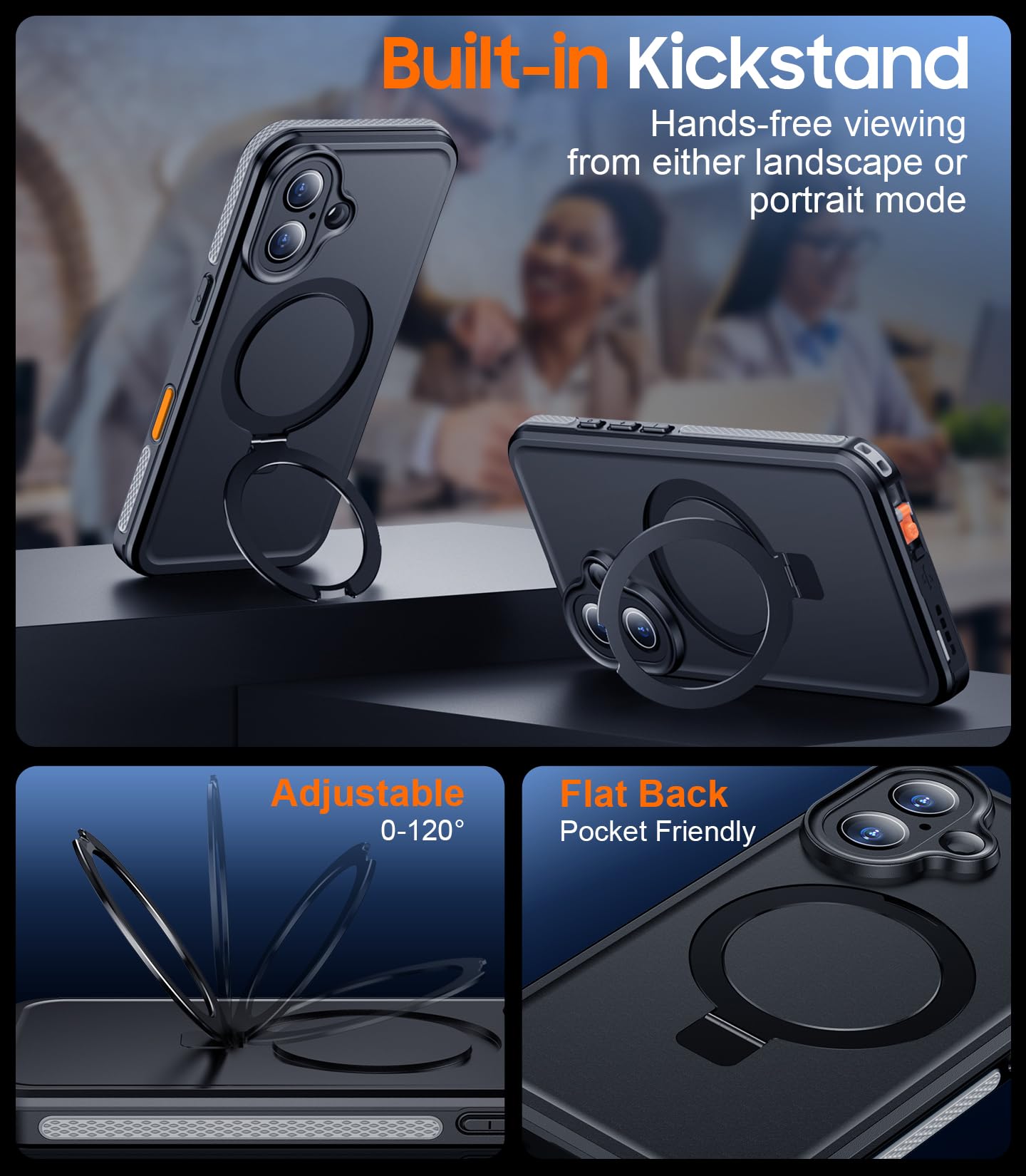 Temdan Magnetic For Iphone 16 Plus Case Waterproof, [Built In Ring Invisible Stand & Screen Protector][Ip68 Underwater][Dropproo