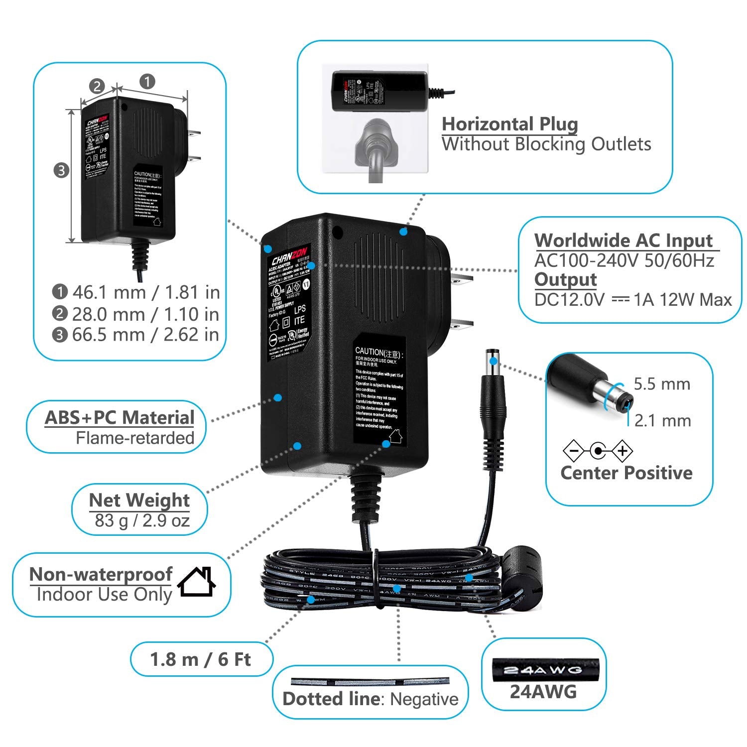 Chanzon 12V 1A 12W Power Supply Ac Dc Switching Adapter, 12 Volt 1 Amp Ac/Dc Wall Wart Converter Transformer, 100 240V 50 60Hz Input With 12Vdc 1000Ma Output