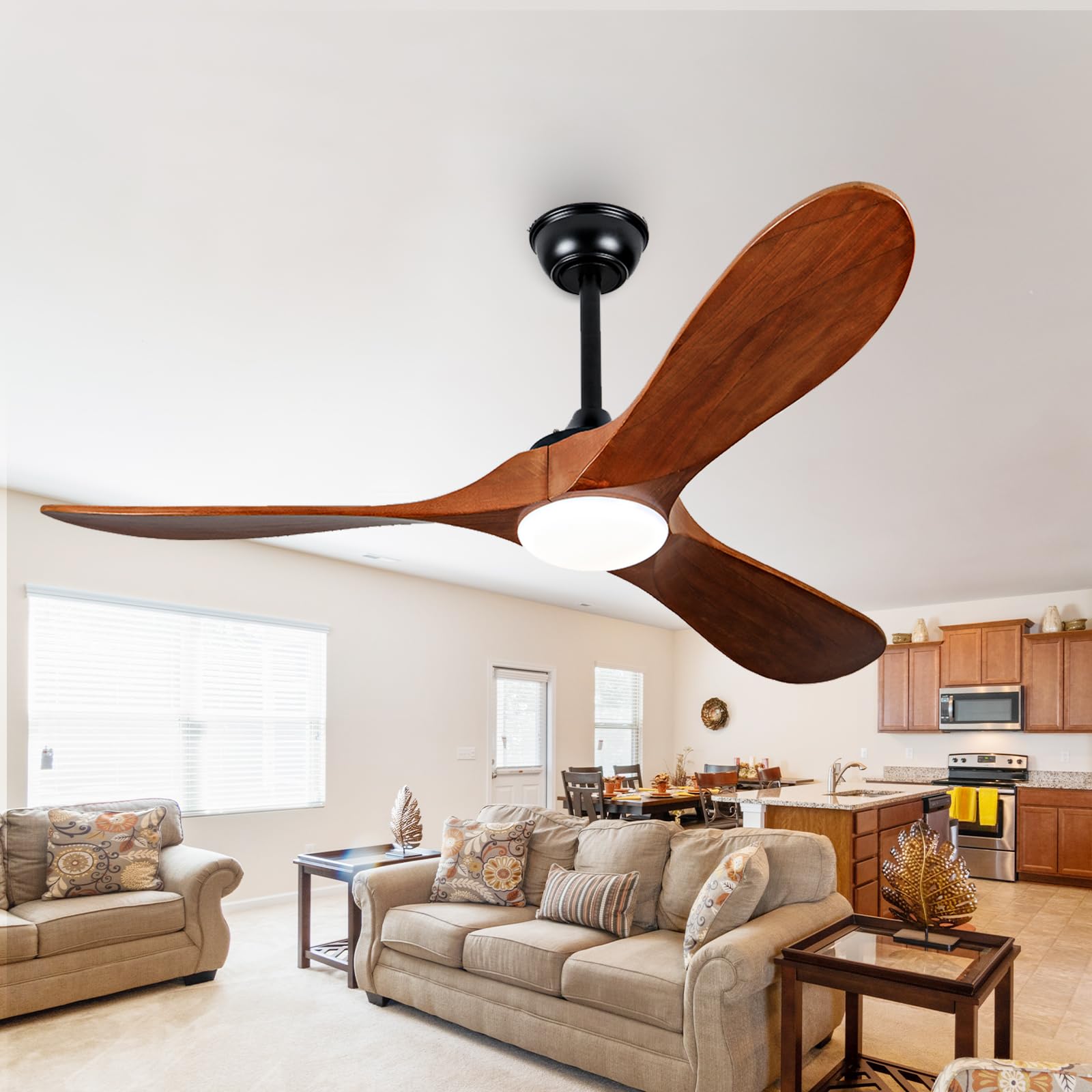 Ceversa 52 Inch Solid Wood Ceiling Fan with Light and Remote Control,3 Blades Outdoor Walnut Ceiling Fan Craftmade Quiet for Liv