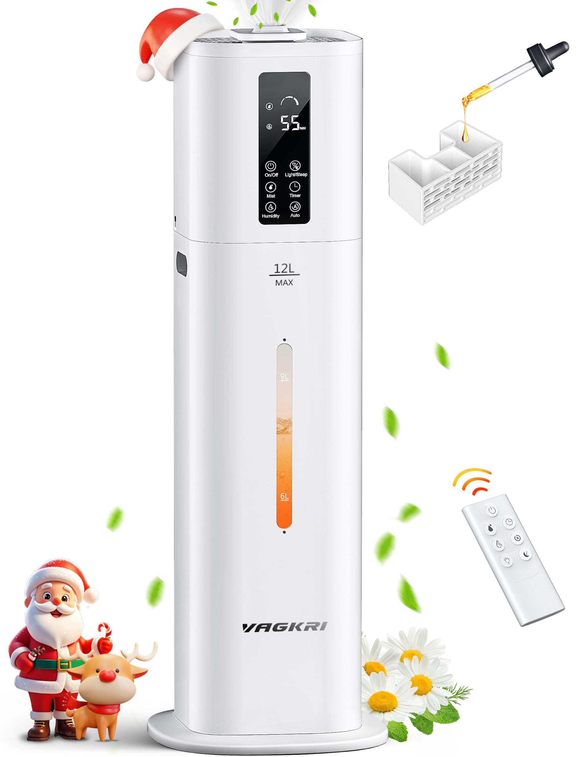 Vagkri 12L Humidifiers For Large Room, Last 120 Hours, Cover Up To 1000Ft, Top Fill Ultrasonic Cool Mist Humidifier, 3 Mist Leve