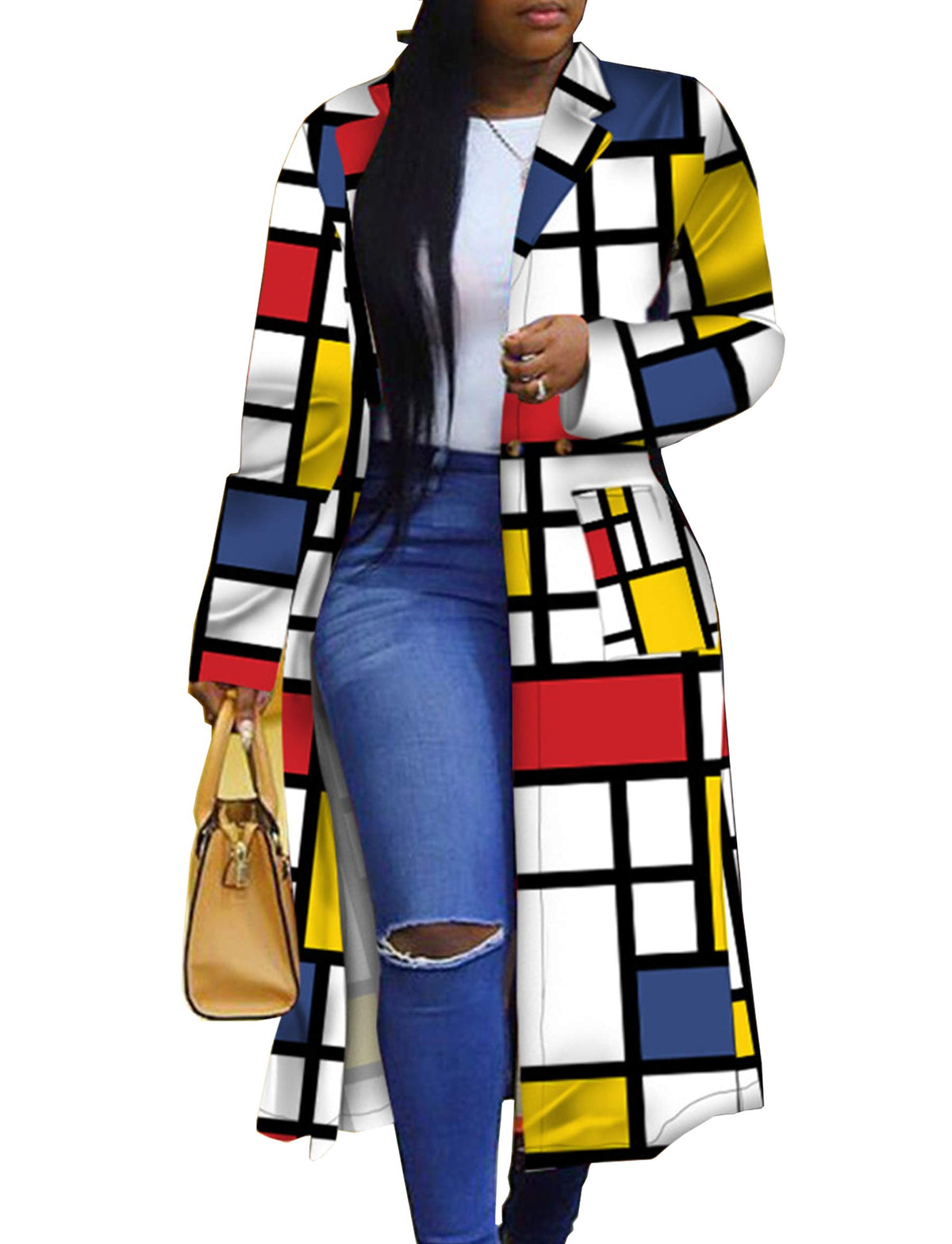 Womens Colored Geo Turn Down Collar Trench Coat Colorful Outerwear Cardigan Long Blazer Jacket(Ye 2Xl) Yellow