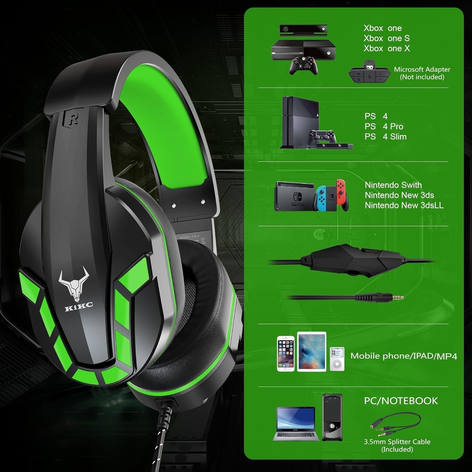 Kikc Gaming Headset With Mic For Ps4, Xbox One, Ps5, Pc, Mobile Phone And Notebook, Controllable Volume Gaming Headphones With S
