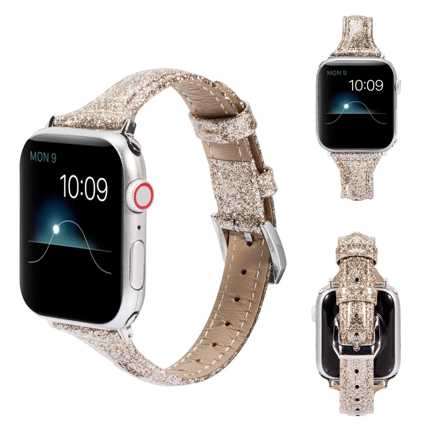 Wearlizer Gold Thin Glitter Leather Compatible With Apple Watch Bands 38Mm 40Mm 41Mm Womens For Iwatch Se Series 8 7 6 5 4 3 2 1