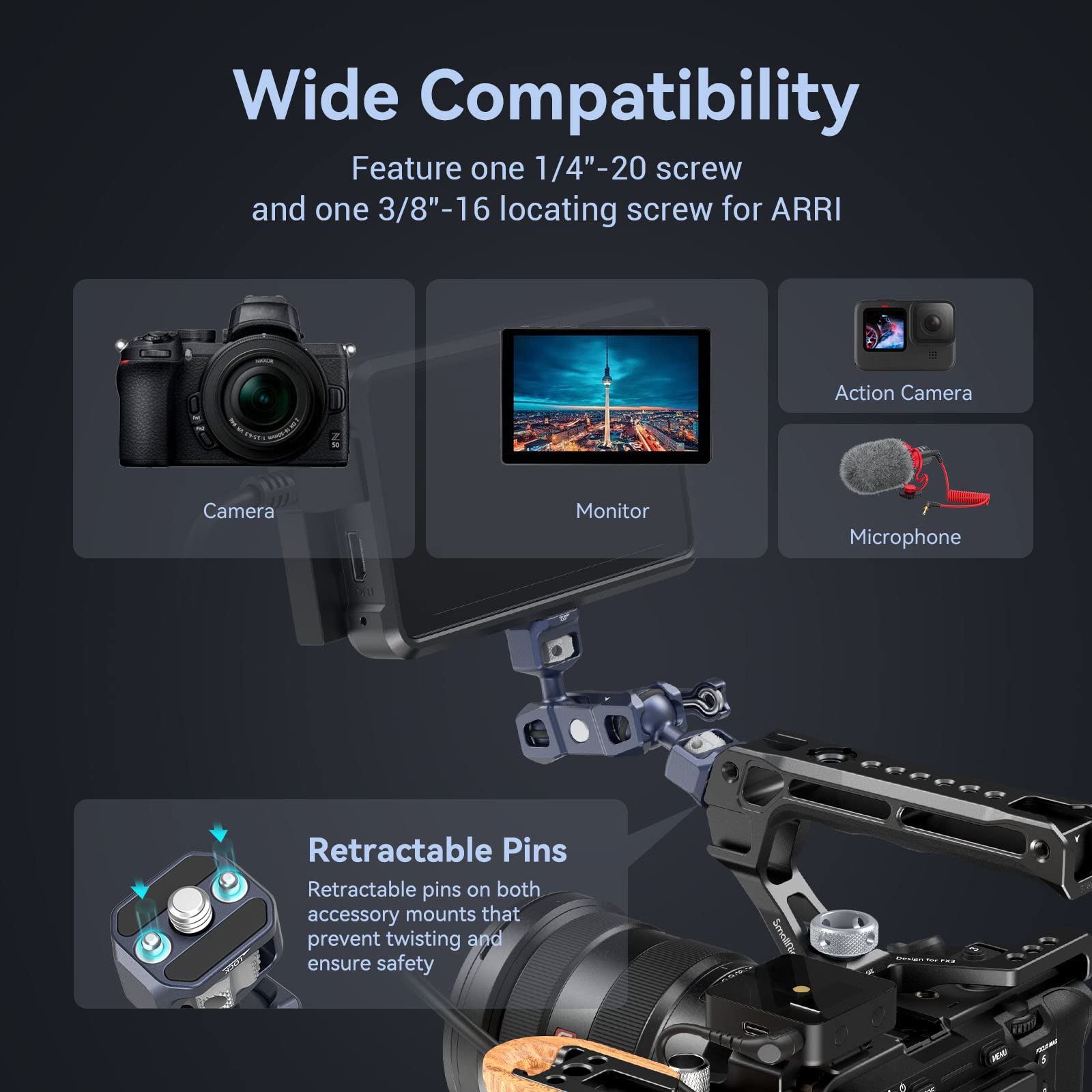 Smallrig Articulating Magic Arm With 3/8-16 Locating Screw For Arri And 1/4-20 Screw (With Retractable Pins), 360 Degree Rotatio