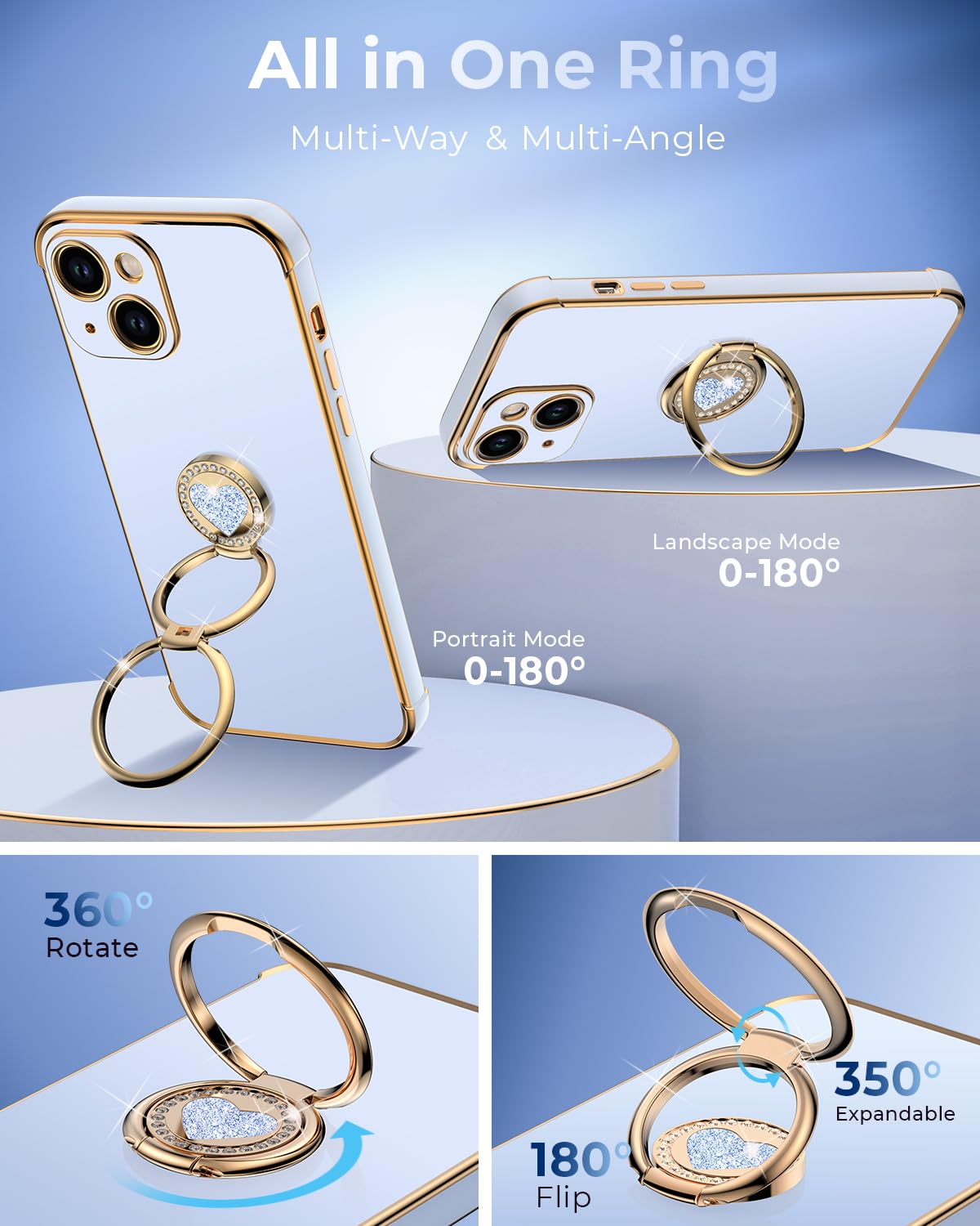 XYZ iPhone 13 Case - Blue Thermoplastic Polyurethane with Double Ring Kickstand, Cute Love-Heart Design, Model XN-iPhone 13