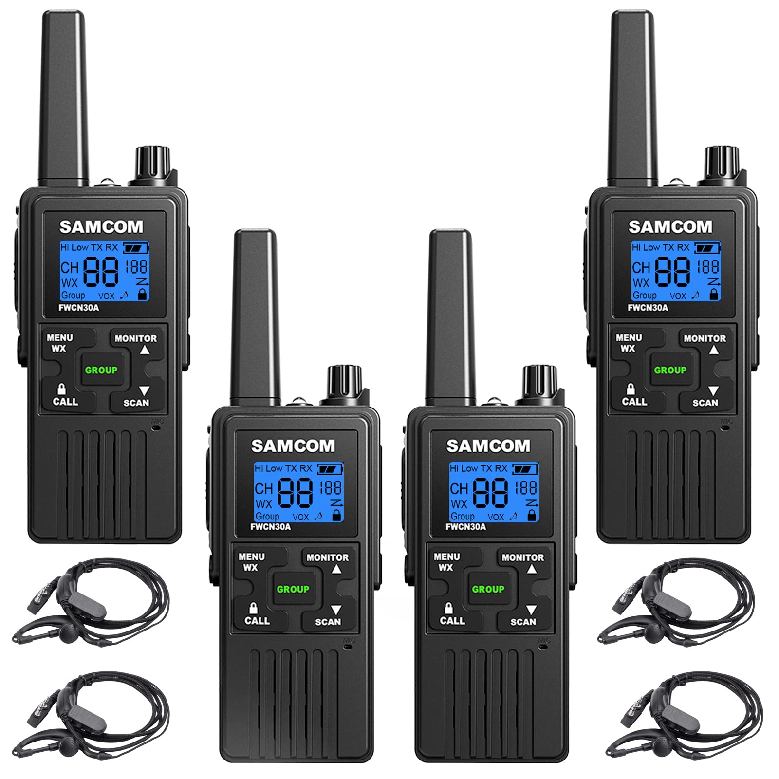 Samcom 4 Pack Two Way Radios Long Range Rechargeable Walkie Talkies For Adults 1250Mah, 2 Way Radios Walkie Talkies With Earpieces Long Distance Usb Work Walky Talky Noaa Alert