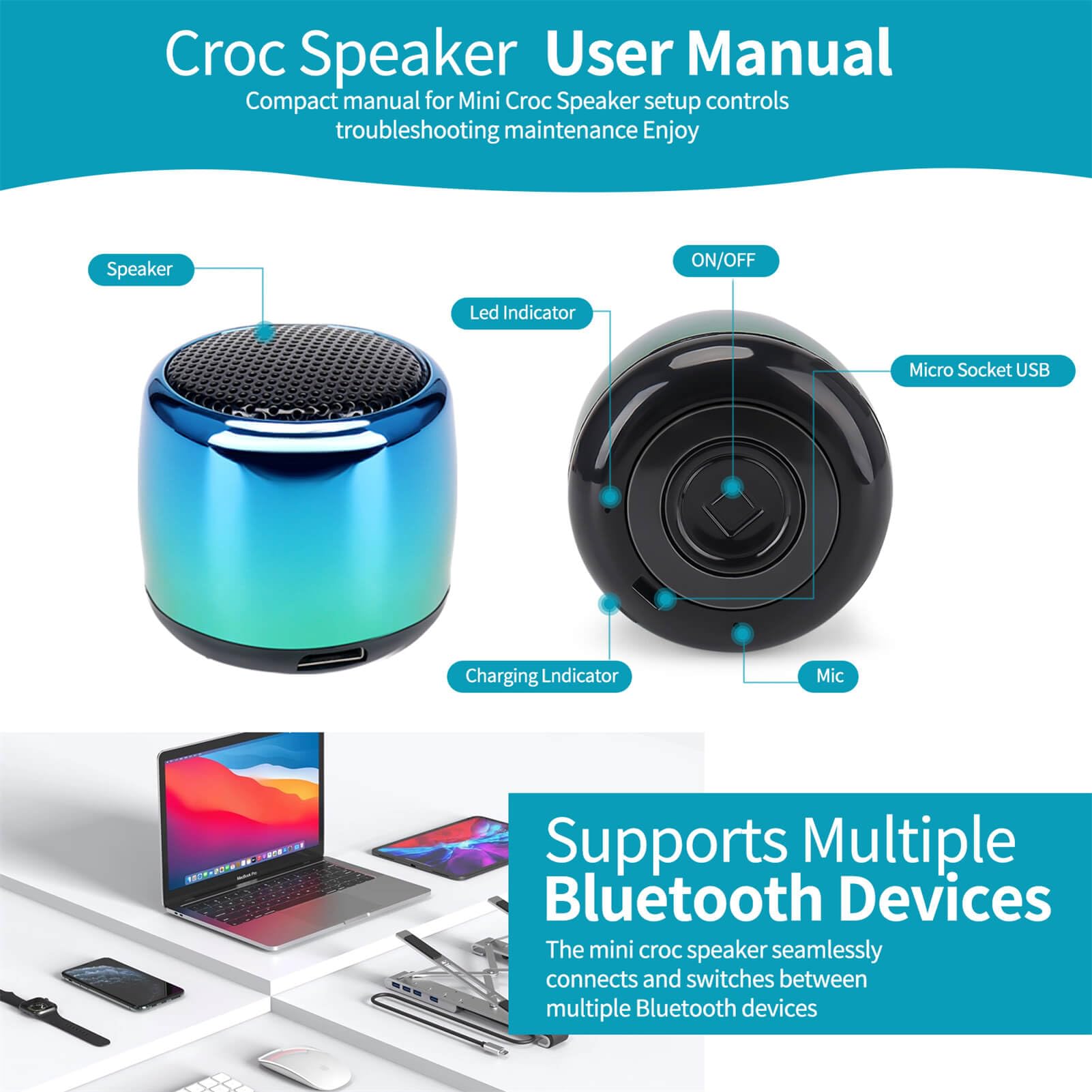 Uueenn Croc Speaker, Mini Speaker For Croc, Halloween Mini Speaker, Bluetooth Croc Charm, Blue Green Fade