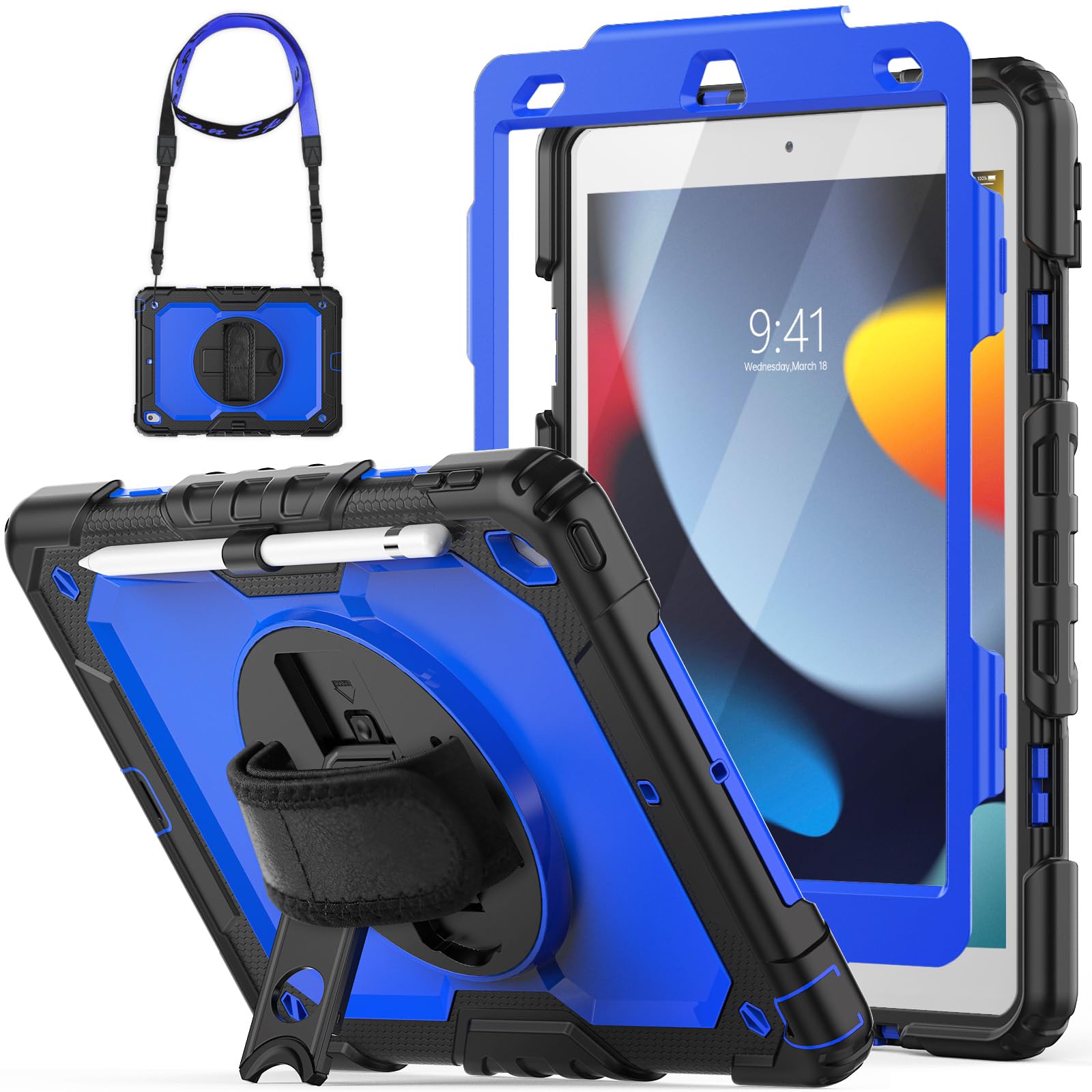 Hxcaseac Case For Ipad 9Th/8Th/7Th Generation 10.2 Inch With Pencil Holder/Hand Strap/Built In Protector/Adjustable Stand, Shock