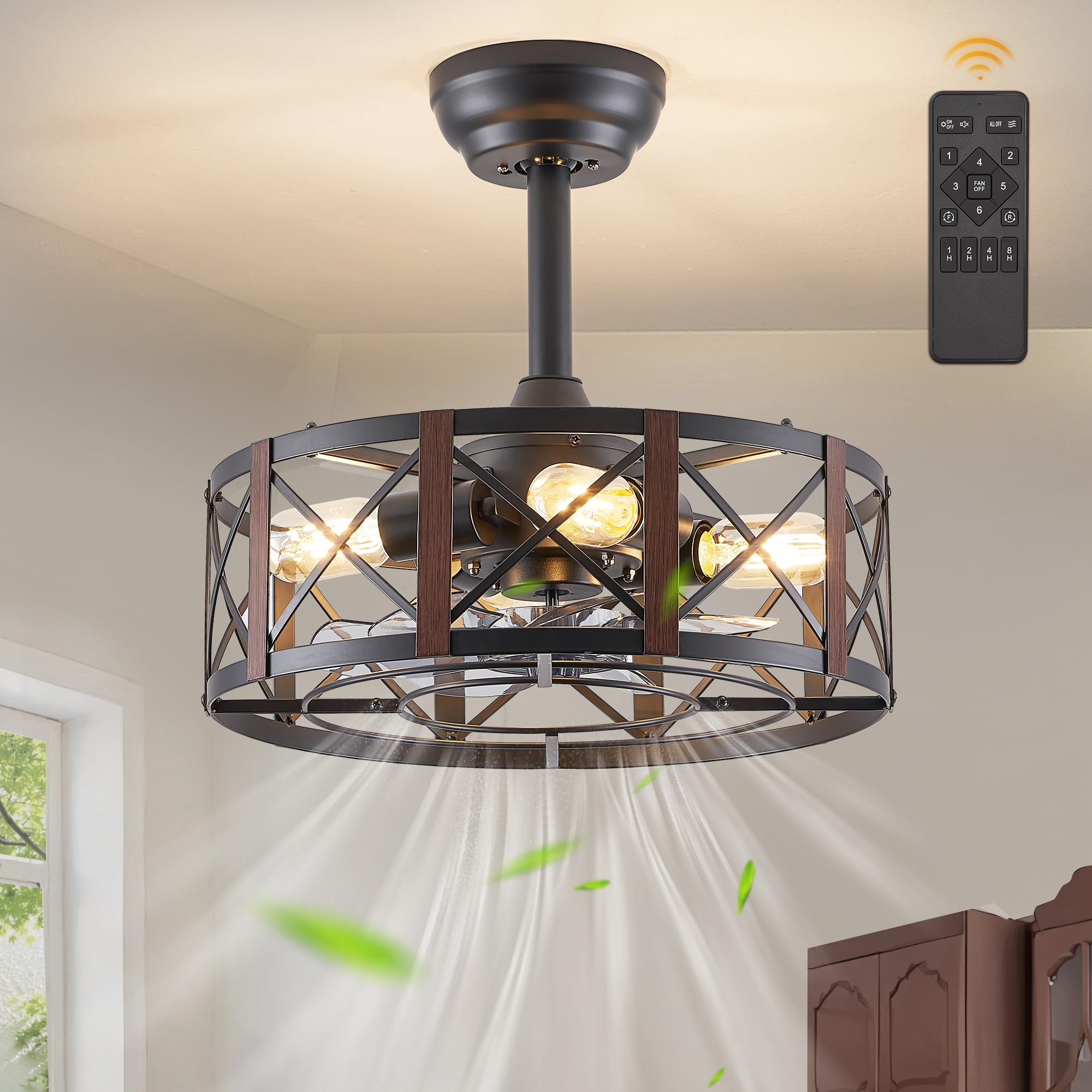 Fanbulous 16In Caged Ceiling Fans With Lights And Remote, Fandelier Ceiling Fan With 6 Speeds And Timing, No Beep, Farmhouse Sam