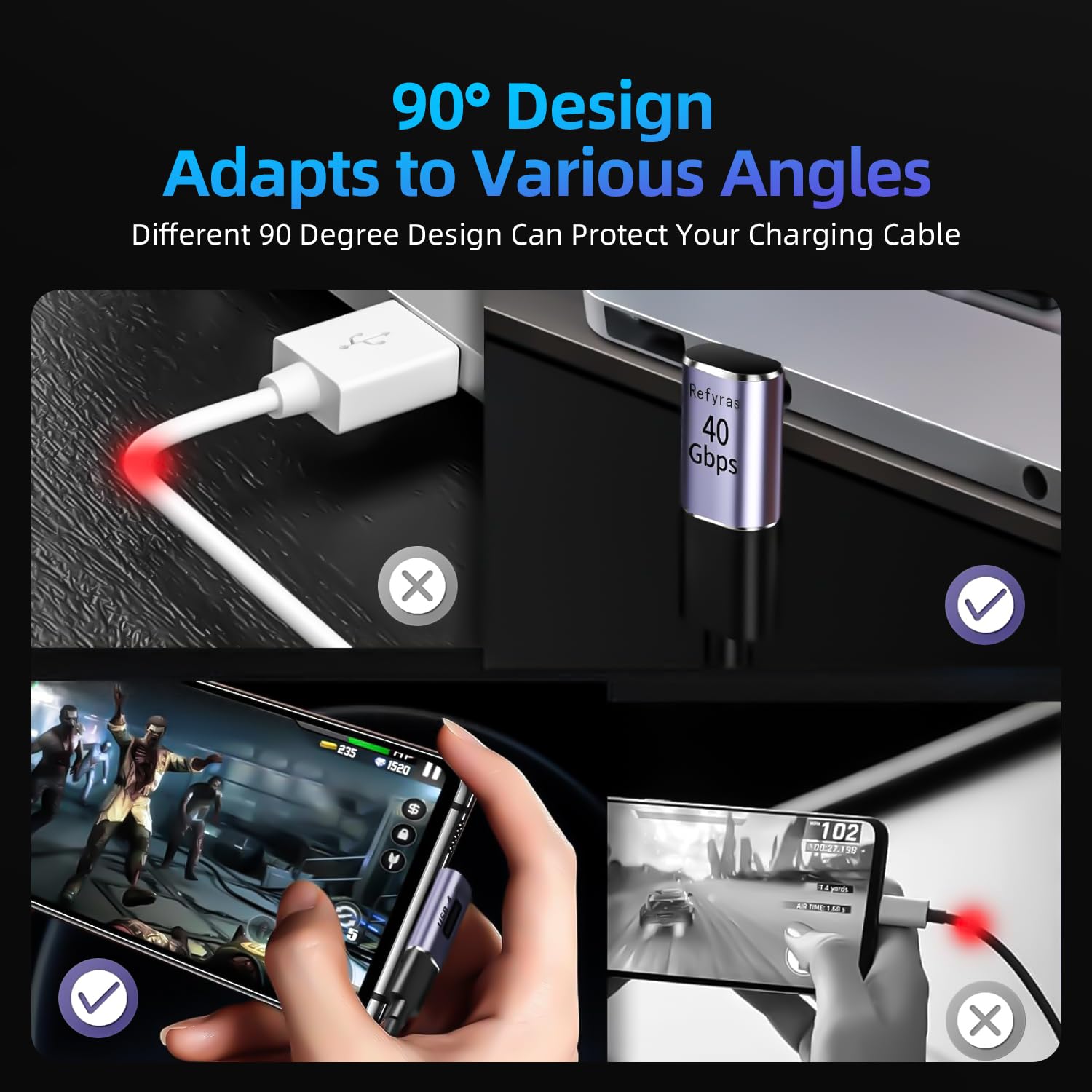 Usb C 90 Degree Adapter 100W,2Pack Up And Down Usb C 90 Degree Adapter Extender 8K@60Hz Video For Thunderbolt 4/3, Compatible Fo