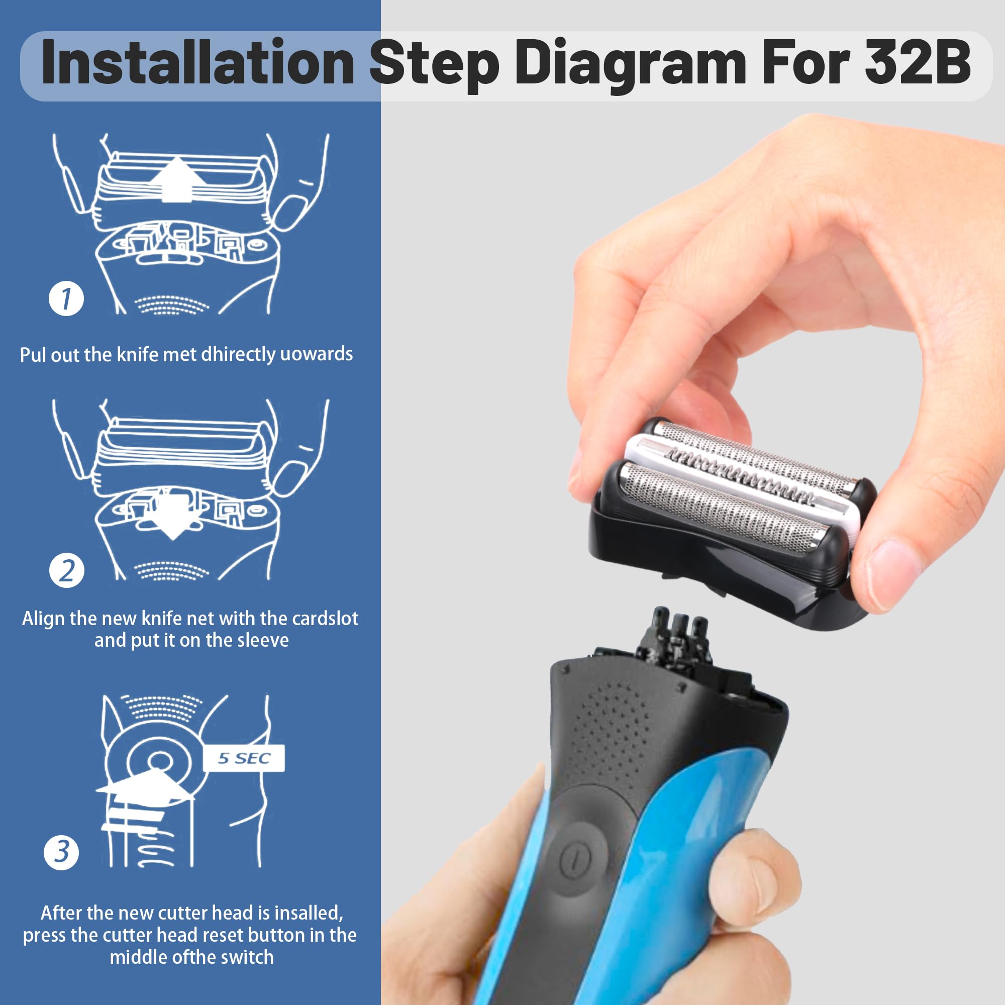 2Pack 32B Series 3 Electric Shaver Replacement Head Accessories For Braun S3 Foil & Cutter Razor Heads, Applicable For Braun S3