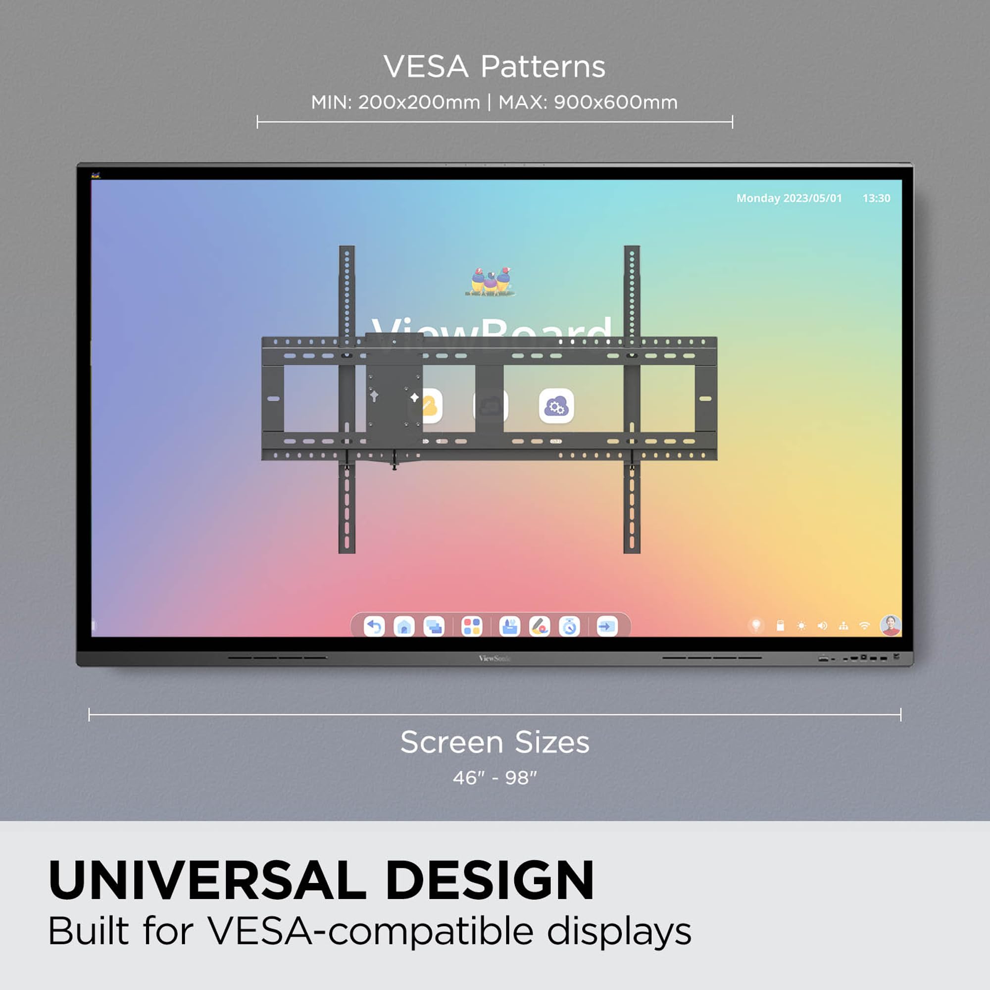 Viewsonic Wmk-047-2 Fixed Tv/Display Wall Mount With Vesa Pattern Compatible Up To 900X600Mm, Slide-In Mini Pc Bracket Plate And