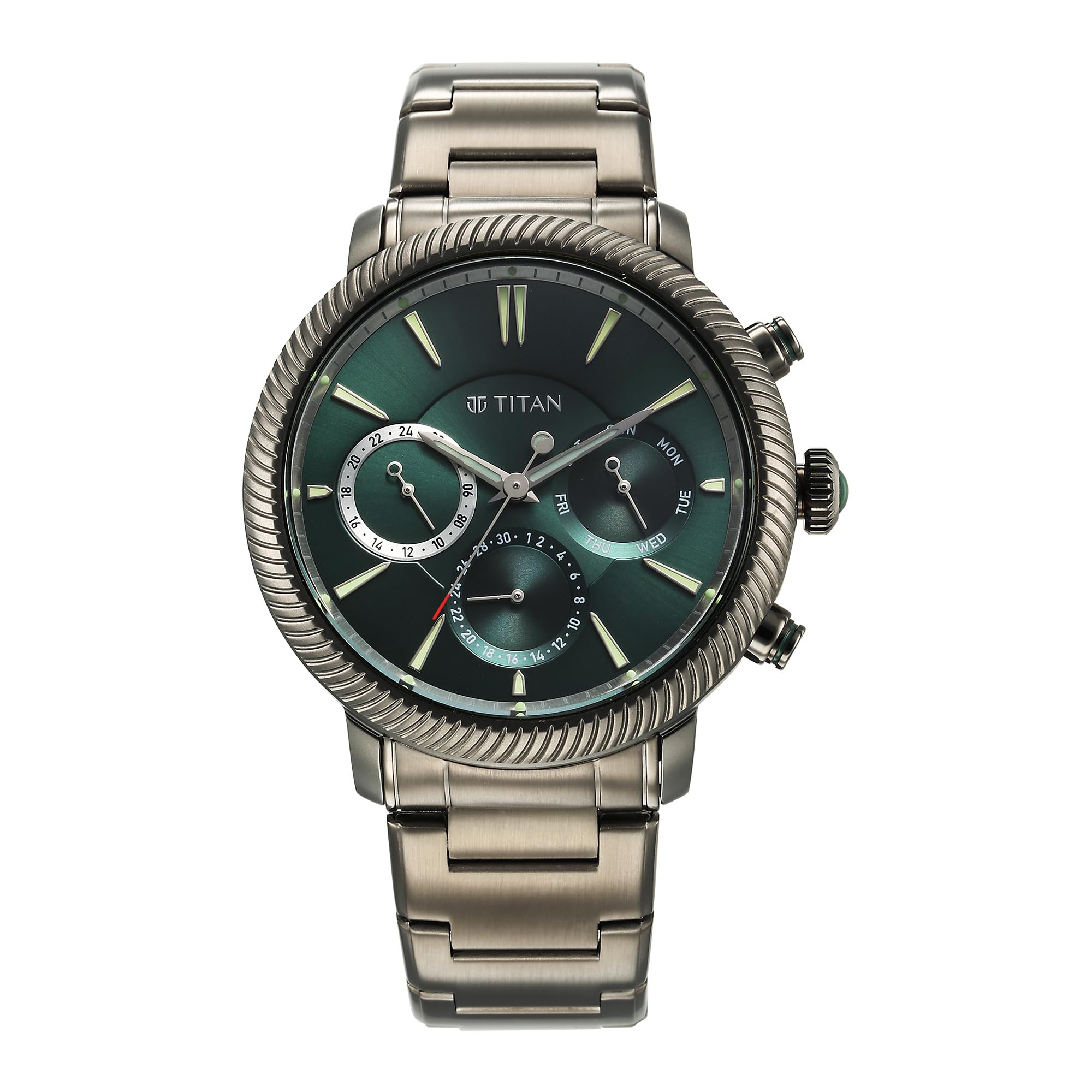 Titan Regalia Stellar Quartz Multifunction Green Dial Stainless Steel Strap Watch for Men-NS10012QM01/NT10012QM01
