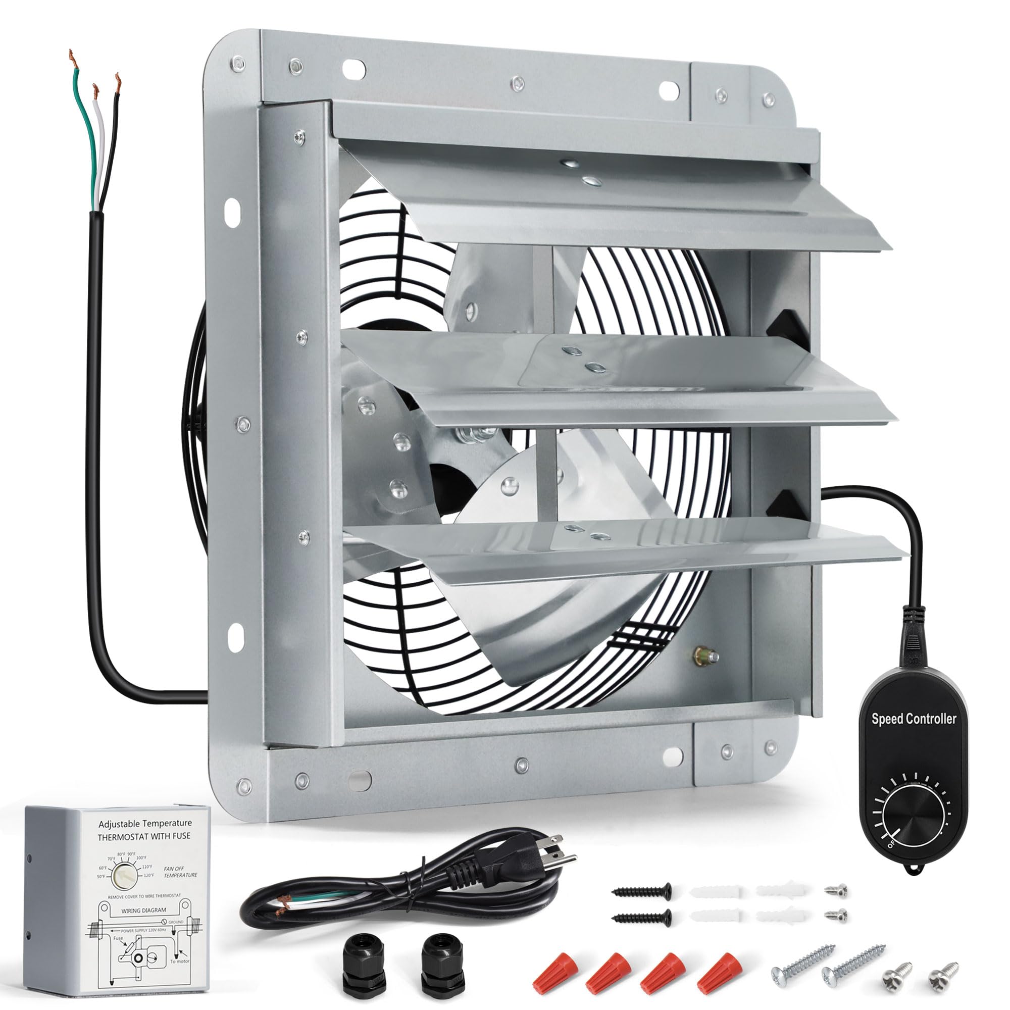 Hipoilk 7 Inch Shutter Exhaust Fan, Wall Mount Attic Fan With Thermostat And Speed Controller For Greenhouses, Sheds, Garages, C
