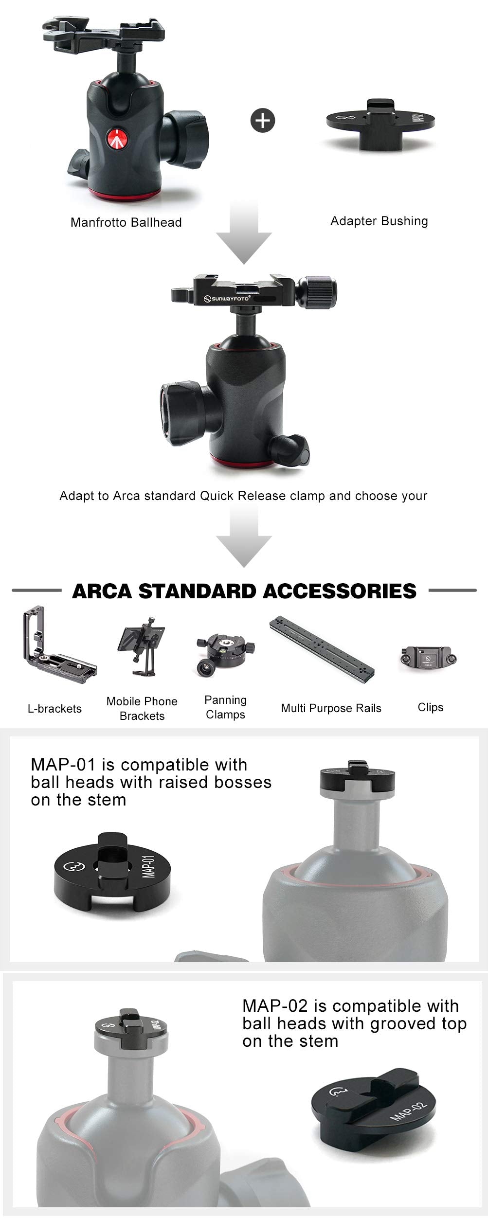 Sunwayfoto Ddc 50It 50Mm Clamp Conversion Kit Convert To Arca/Rrs Qr Compatible With Manfrotto Tripod Ball Head Sunway
