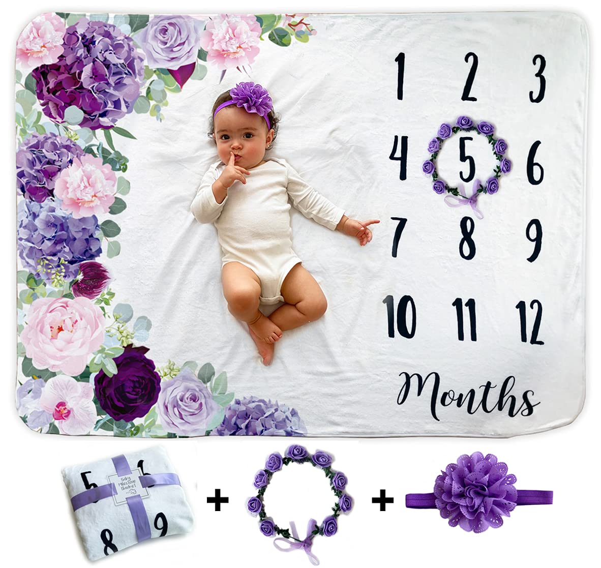 Baby Monthly Milestone Blanket | Includes Floral Wreath & Headband | 1 To 12 Months | Extra Soft Fleece | Best Photography Backd