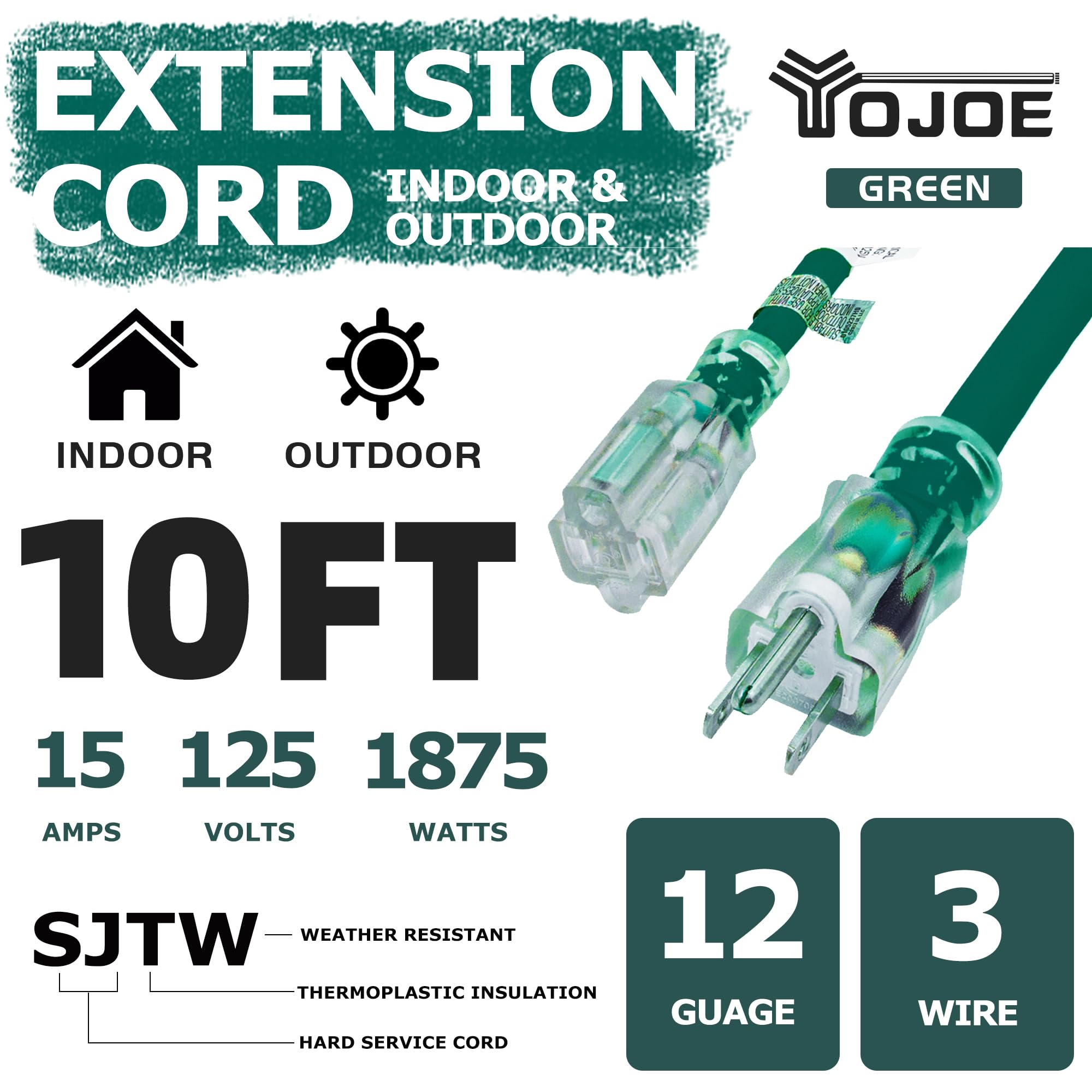 Yojoe Indoor Outdoor Extension Cord With Lighted End, 3 Prong 15A Weatherproof Power Extension Cord, 12 Gauge Heavy Duty 10 Ft G