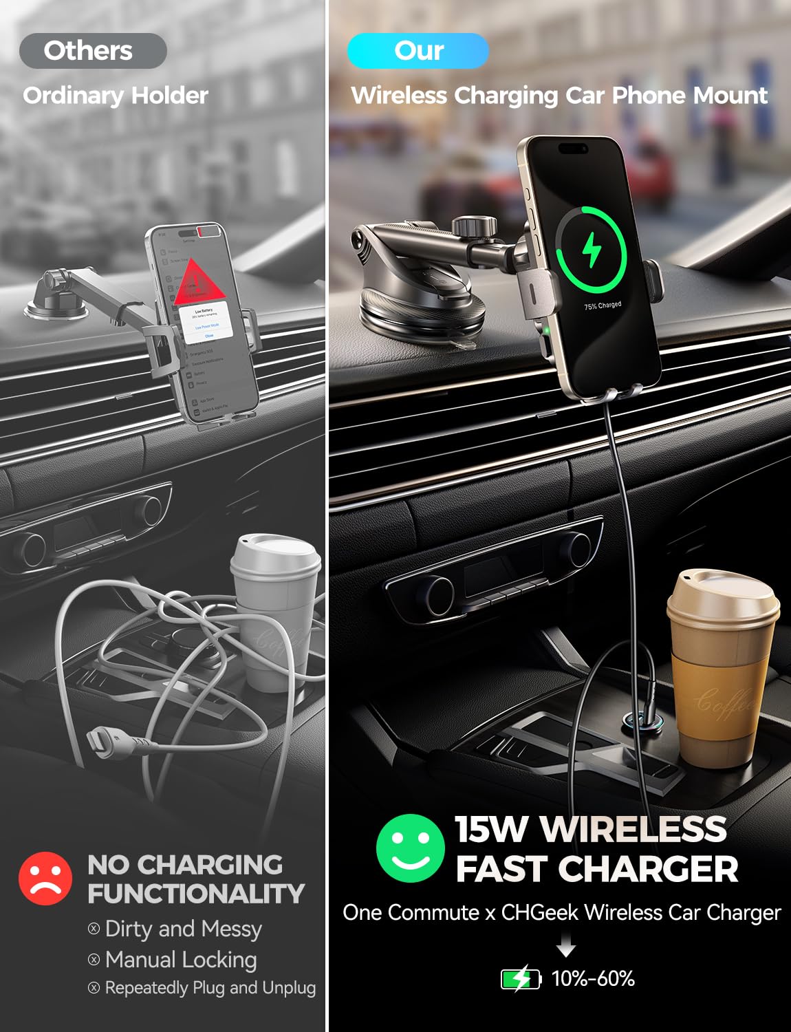 Chgeek Wireless Car Charger With Phone Holder Mount, 15W Fast Charging Auto Clamping Phone Holders For You Car Windshield Dashbo