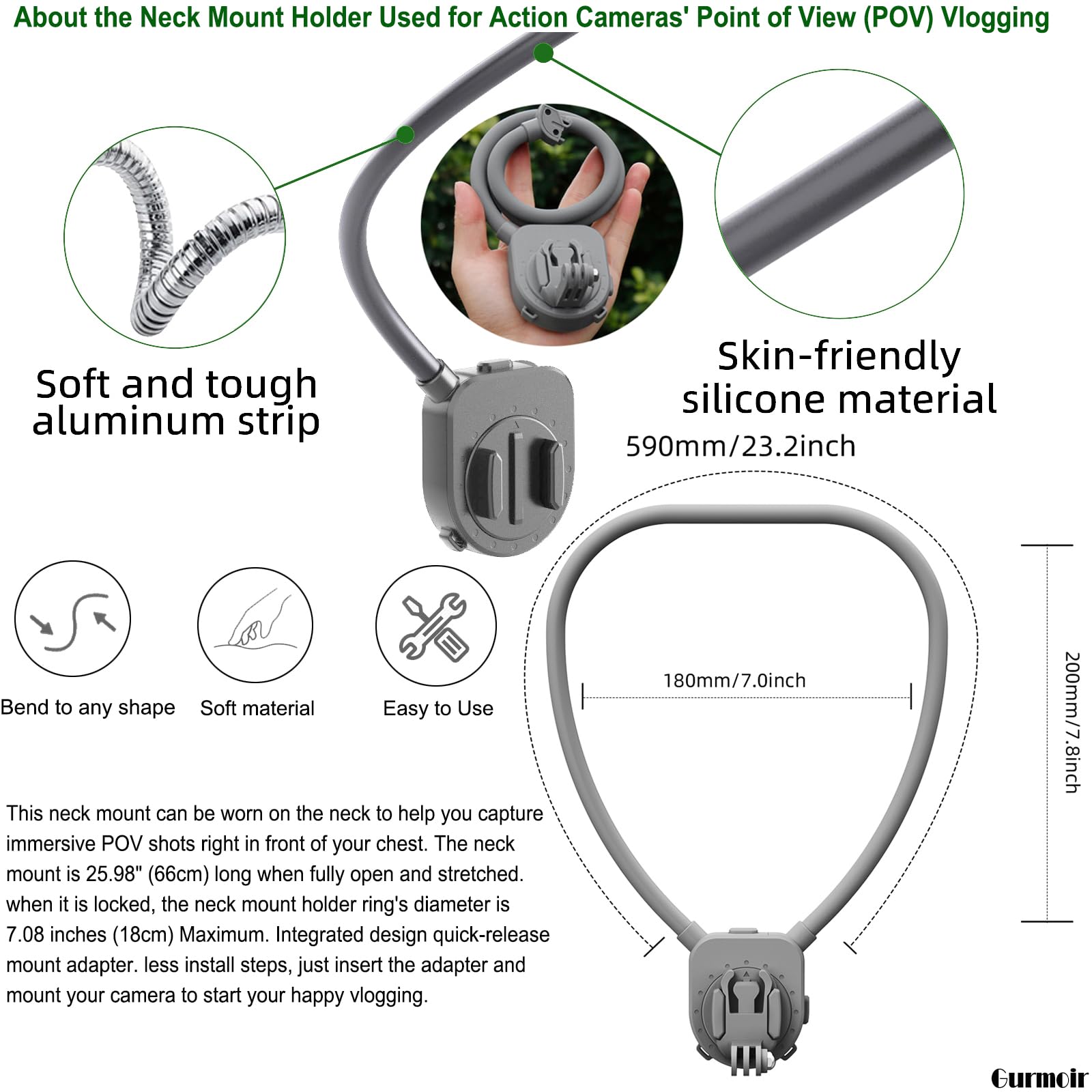 Gurmoir Neck Mount Holder For Gopro. 360� Rotation Pov Necklace Mount For Go Pro 13 12 11 10 9 8 Insta360 X3 X4 Osmo Action 3 4 And More Action Cameras