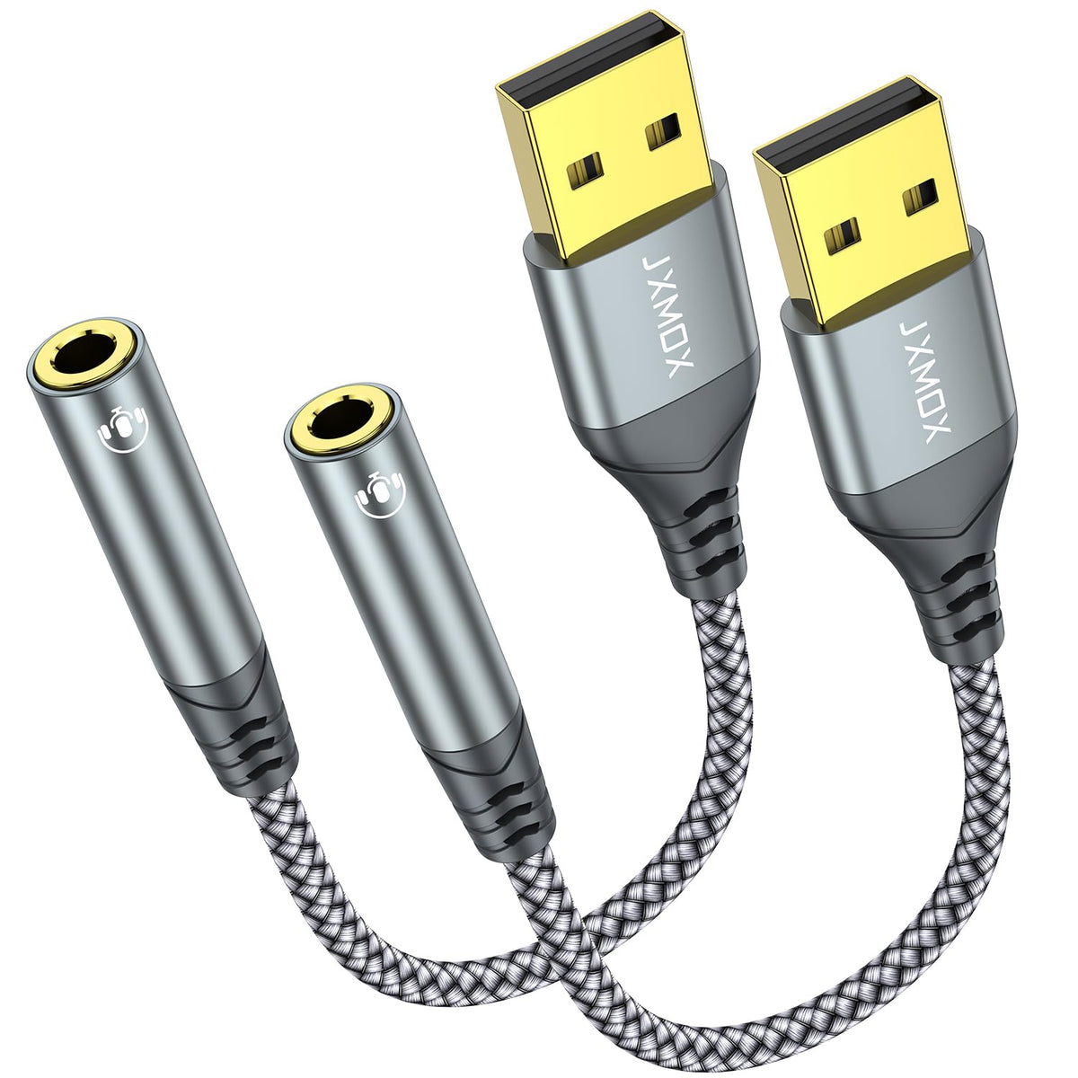 JXMOX USB to 3.5mm Audio Adapter (2-Pack) - USB-A to 3.5mm TRRS 4-Pole Female External Stereo Sound Card for Headphones, Mac, PS4, PS5, PC, Laptops, Desktops