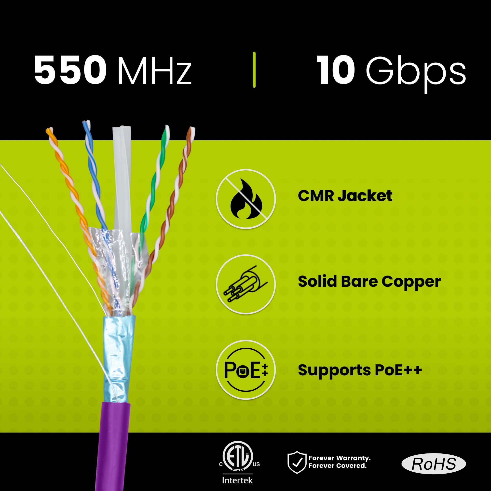 Truecable Cat6 Shielded Riser (Cmr), 1000Ft, Purple, 23Awg Solid Bare Copper, 550Mhz, Poe++ (4Ppoe), Etl Listed, Overall Aluminum Foil Shield (F/Utp), Bulk Ethernet Cable