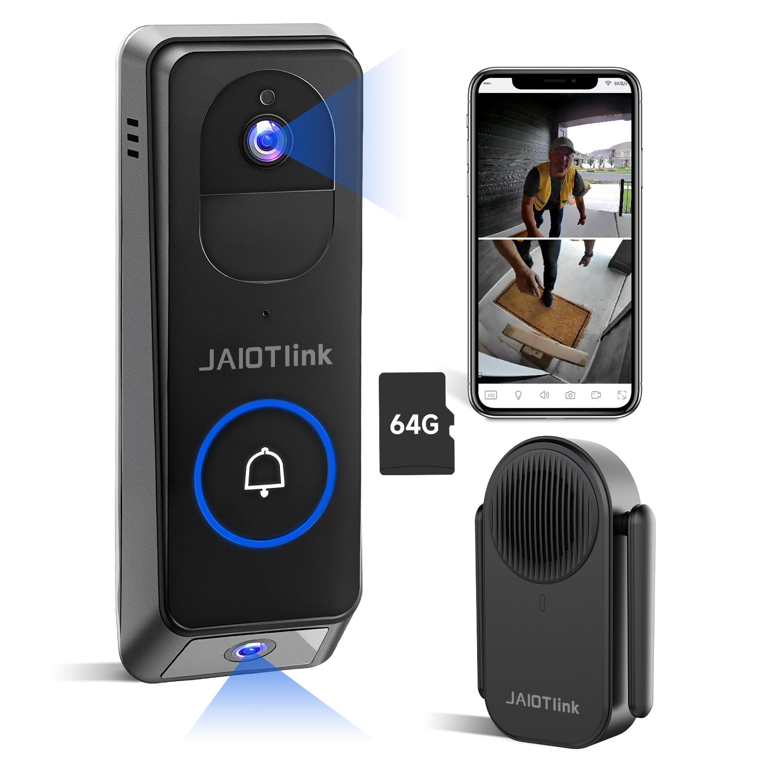 JAIOTlink 2K Dual Lens Video Doorbell Camera Wireless with Chime, Package Protection, 64GB SD Card, Voice Changer, 2-Way Audio, 