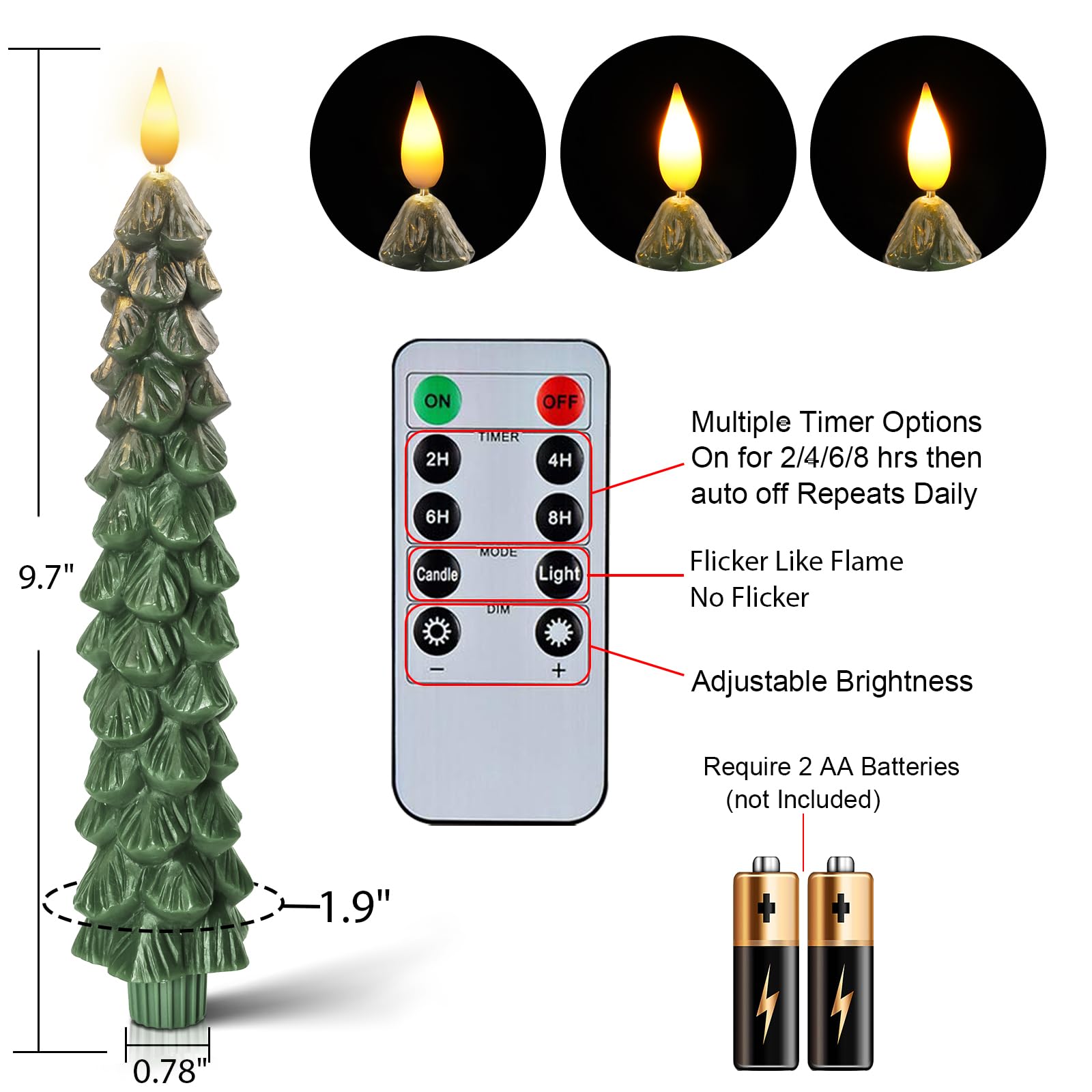Homemory 3 Pcs Christmas Tree Candles With Remote, Waxy Flameless Taper Candles Flickering, Green Led Candlesticks Battery Opera