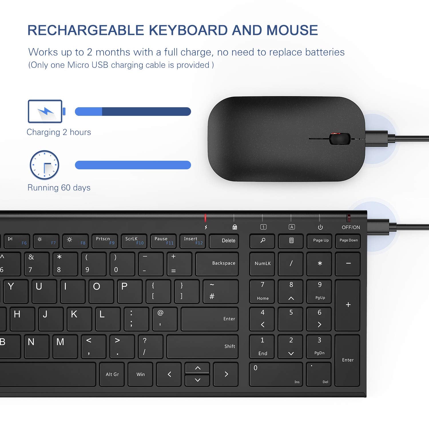 Seenda Rechargeable Wireless Keyboard And Mouse   Ultra Thin Metal Keyboard With Low Profile Keys, 2.4G Wireless Keyboard For Windows Pc Laptop Computer   Black