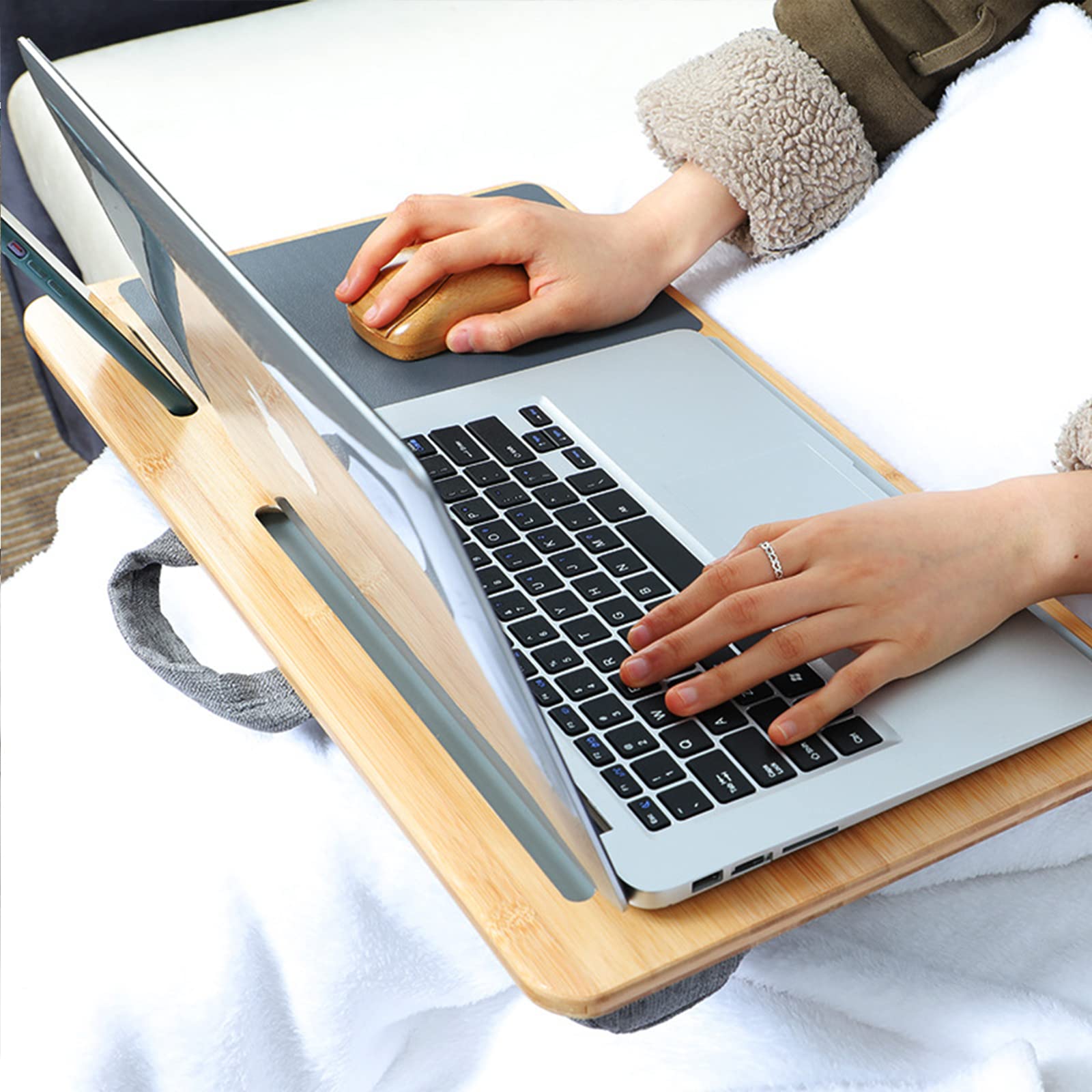 SUMISKY Laptop Lap Desk - Oversized Bamboo Stand with Cushion, Tablet Support, Mouse Pad, Fits Up to 17" - Gray, Model H0012