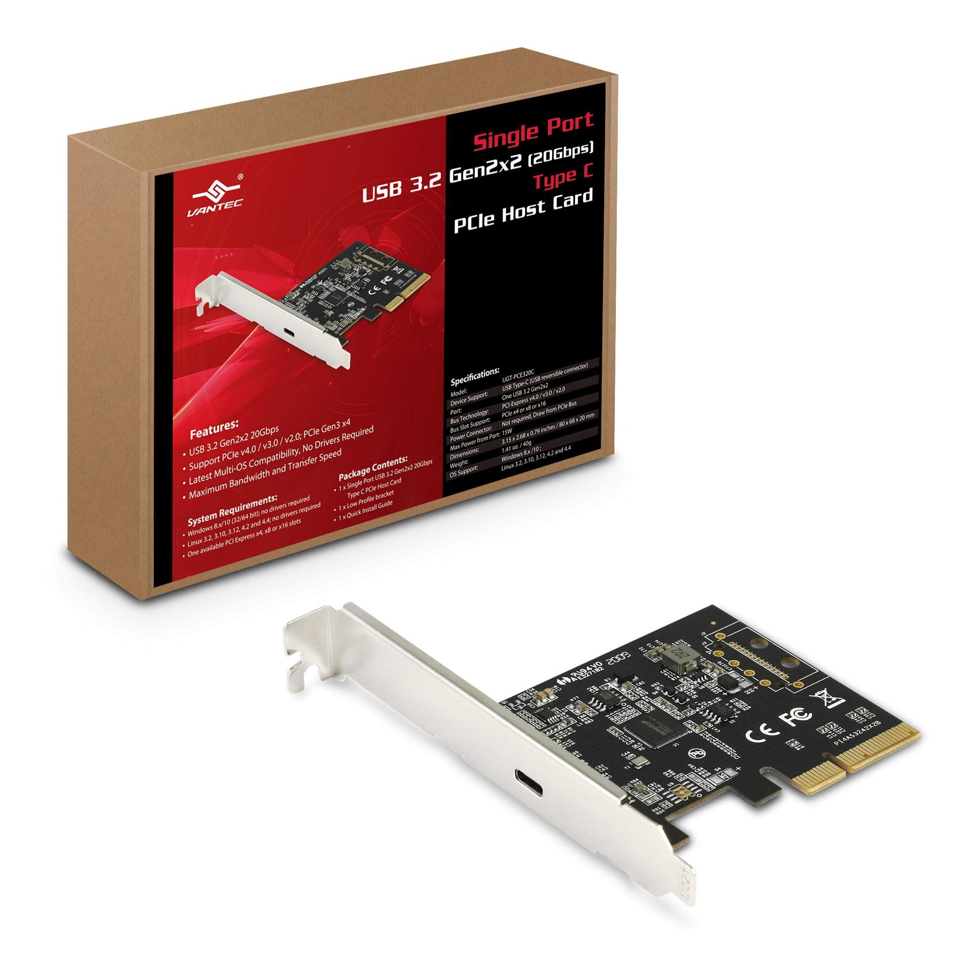 Vantec CC UGTPCE320C Single Port USB3.2 Gen2x2 20Gbps Type C PCIe Host Card