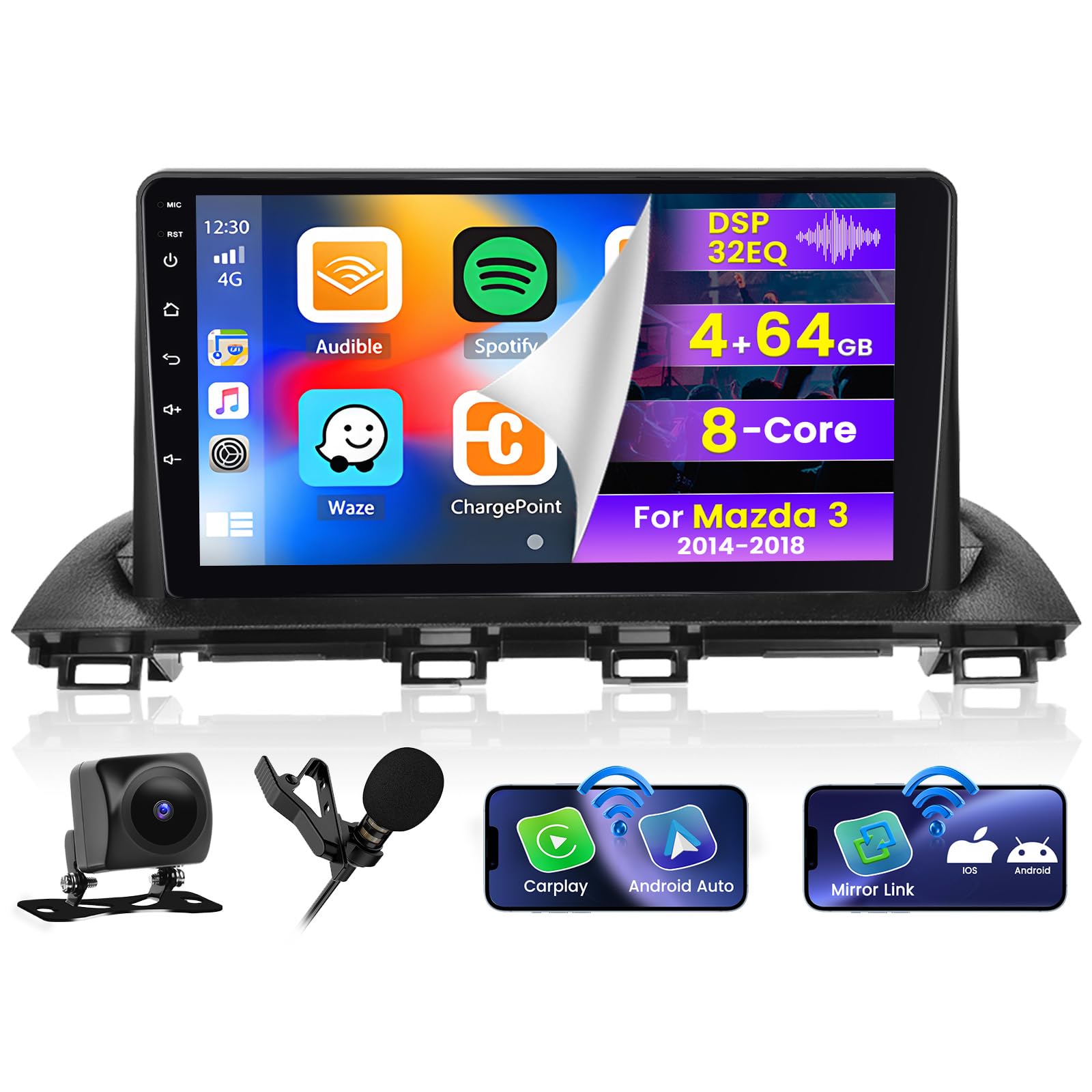 Roinvou 8 Cores 4+64G Android Car Radio For Mazda 3 2014 2018, 9'' Touch Screen Carplay Android Auto With 32Eq Bluetooth Wifi Gp