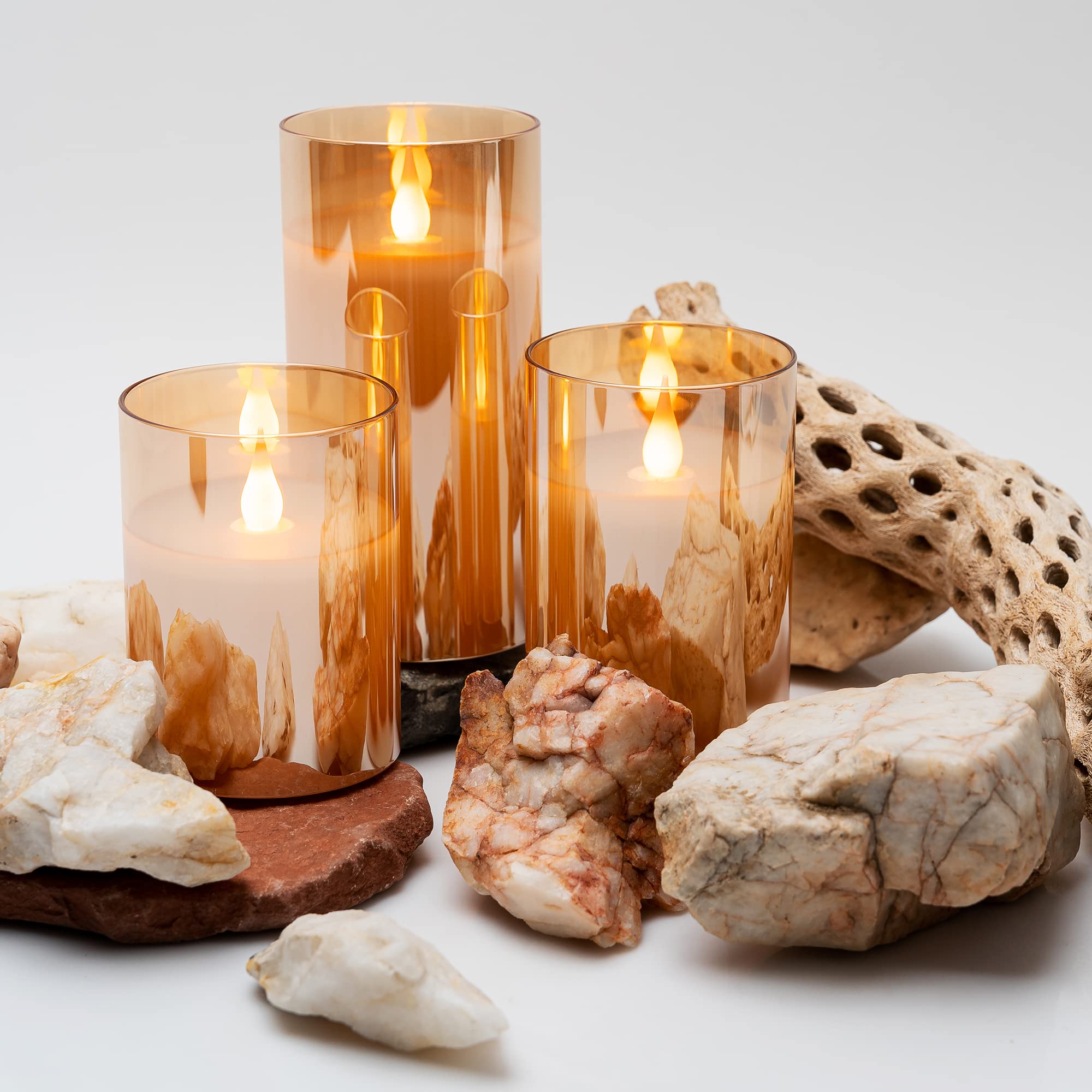 Wyzworks Gold Metallic Led Tinted Glass Mirrored Flickering Flameless Pillar Candles, Set Of 3 W/Remote Control, Timer, Realisti