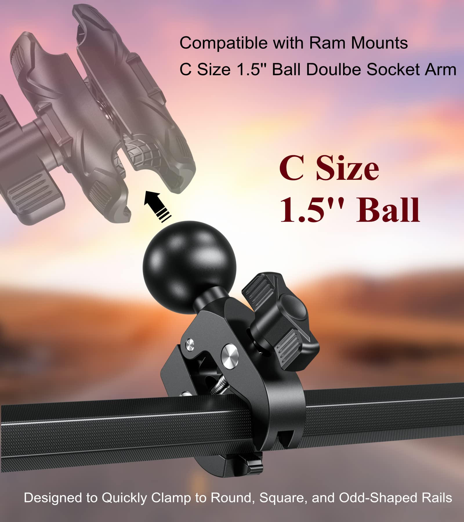 Brcovan Aluminum Alloy Handlebar Clamp Mount Base With 1.5'' Tpu Ball For Rails 0.5'' To 1.75'' In Diameter, Compatible With Ram Mounts C Size 1.5 Inch Ball Double Socket Arm