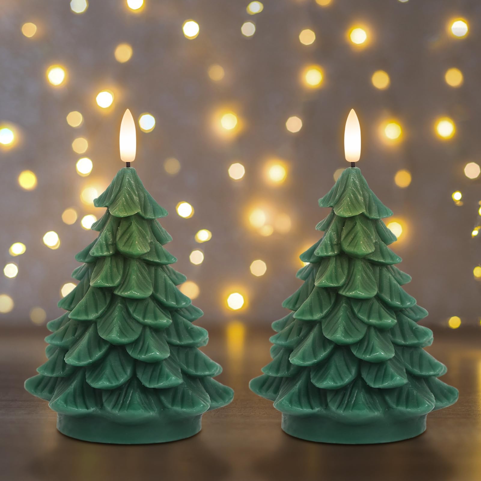 Eldnacele Christmas Tree Flameless Candle With 6 Hour Timer, Battery Operated Real Wax 3D Wick Flickering Pillar Green Led Candl