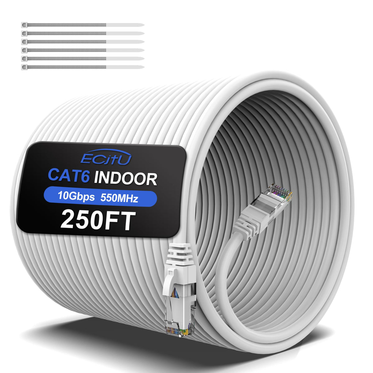 250Ft Cat6 Ethernet Cable, Cat 6 Patch Cable, Cat6 Internet Cable, Utp Network Cable, Indoor And Outdoor, Poe, 24Awg Cca, Compatible For Pc, Laptop, Router, Switch, Server, With 25 Cable Ties   White