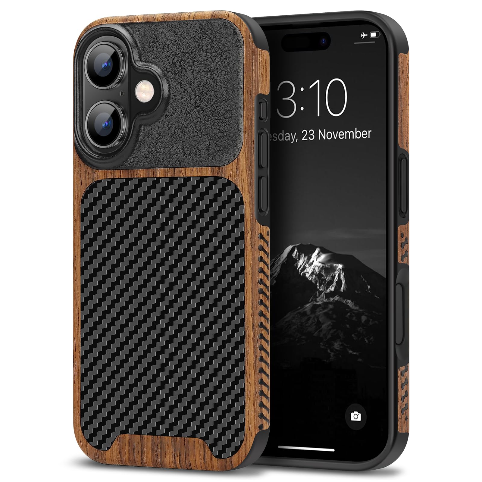 TENDLIN Compatible with iPhone 16 Plus Phone Case Wood Grain with Carbon Fiber Texture Design Leather Hybrid Slim Case (Black)