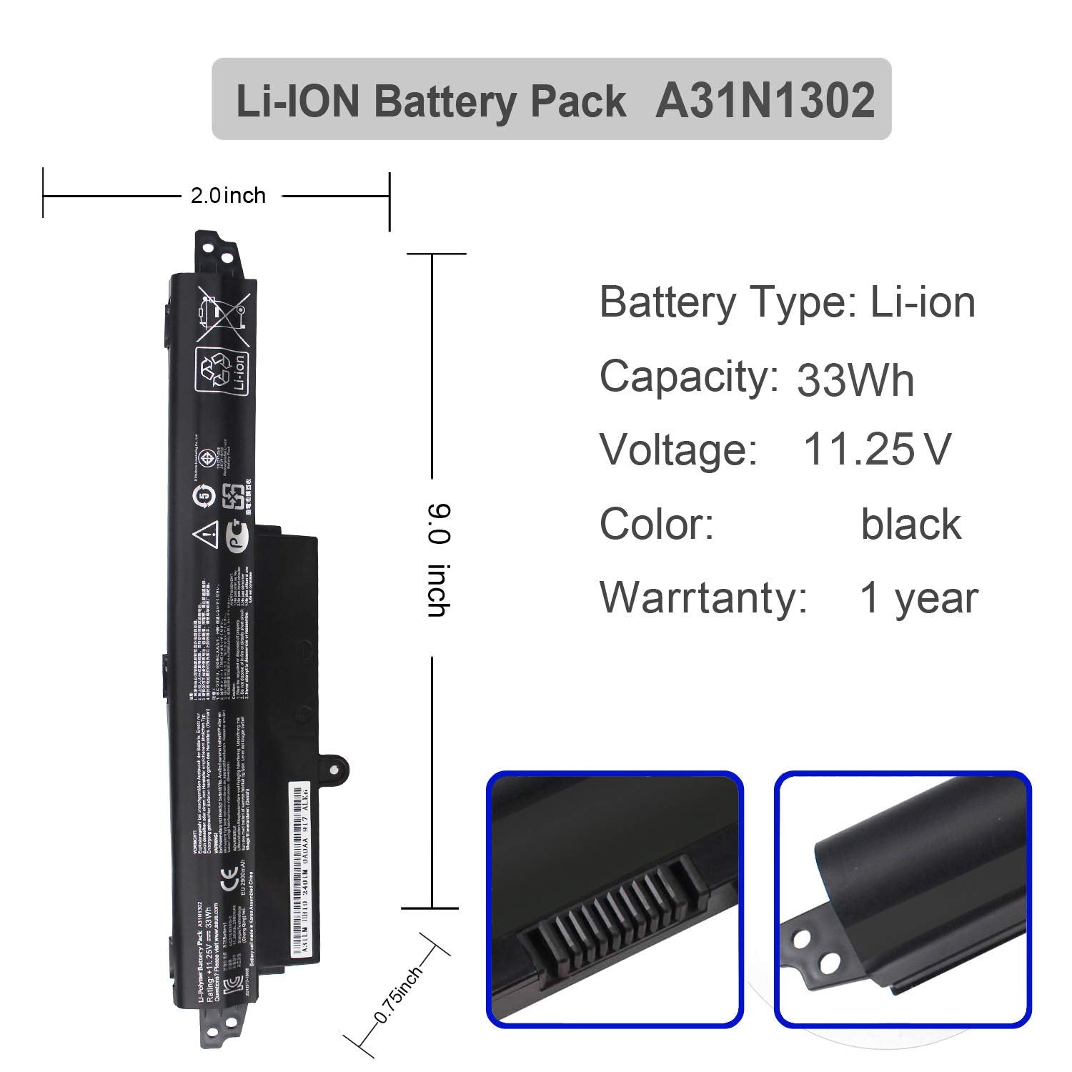 Gomarty A31N1302 Battery For Asus Vivobook X200Ca X200M X200Ma F200Ca K200Ma 11.6'' Series A3Ini302 A31N1302 A31Lmh2 A31Lm9H 156