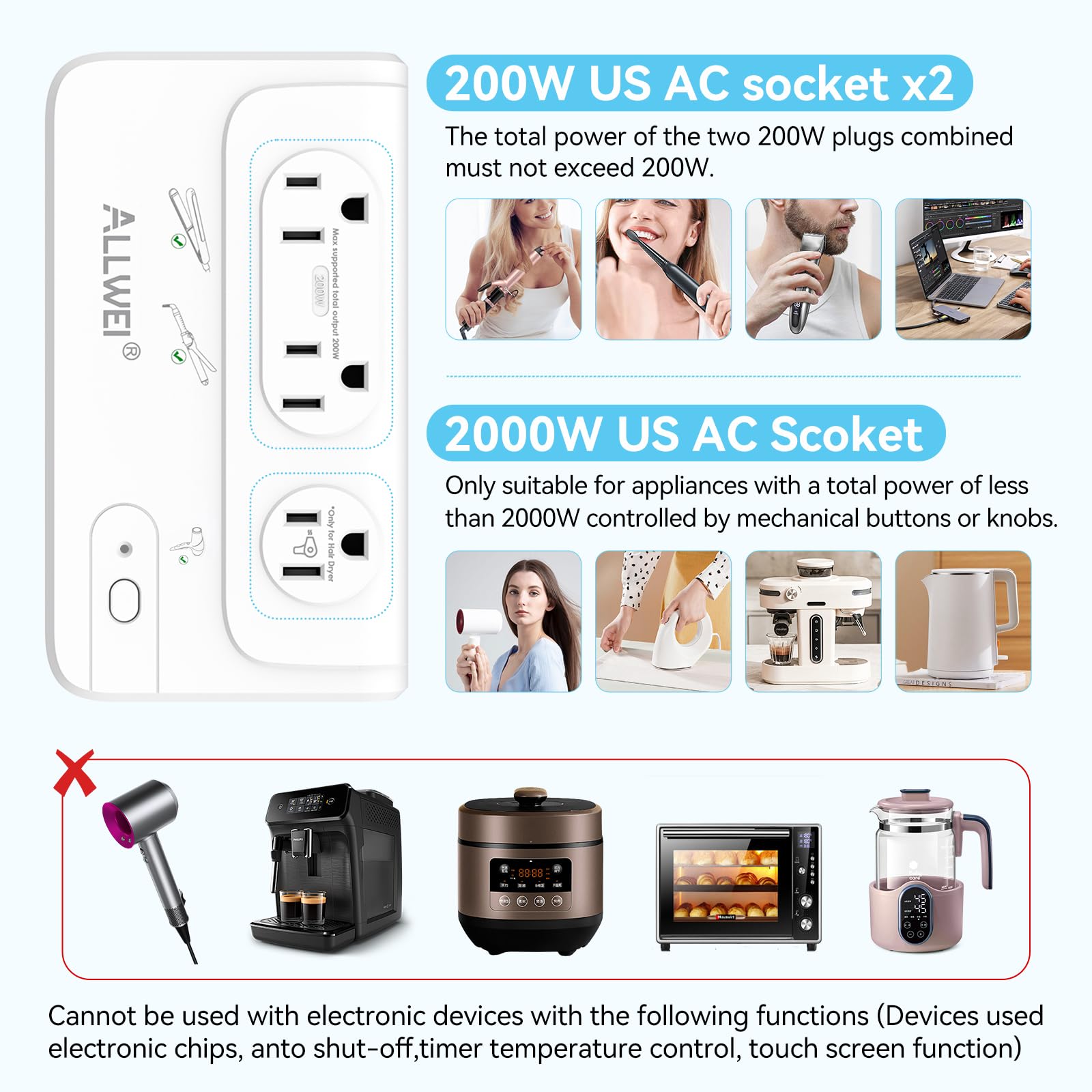 Allwei 2000W Travel Voltage Converter 220V To 110V Converter For European Travel, Voltage Adapter For Hair Dryer, Straightener/C