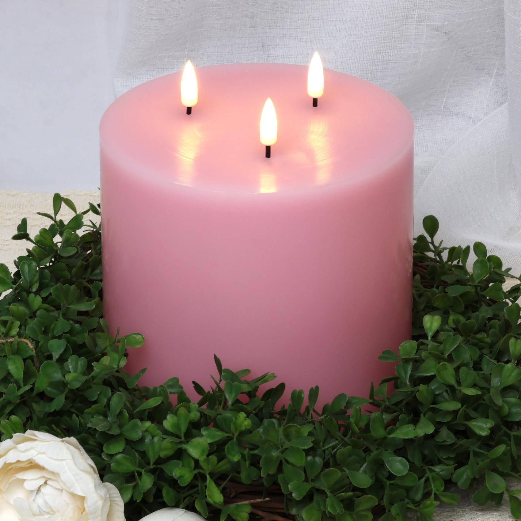 Eywamage 3 Wick Pink Flameless Pillar Candle With Remote, Large Flickering Led Wax Battery Candle F 6'' H 6''
