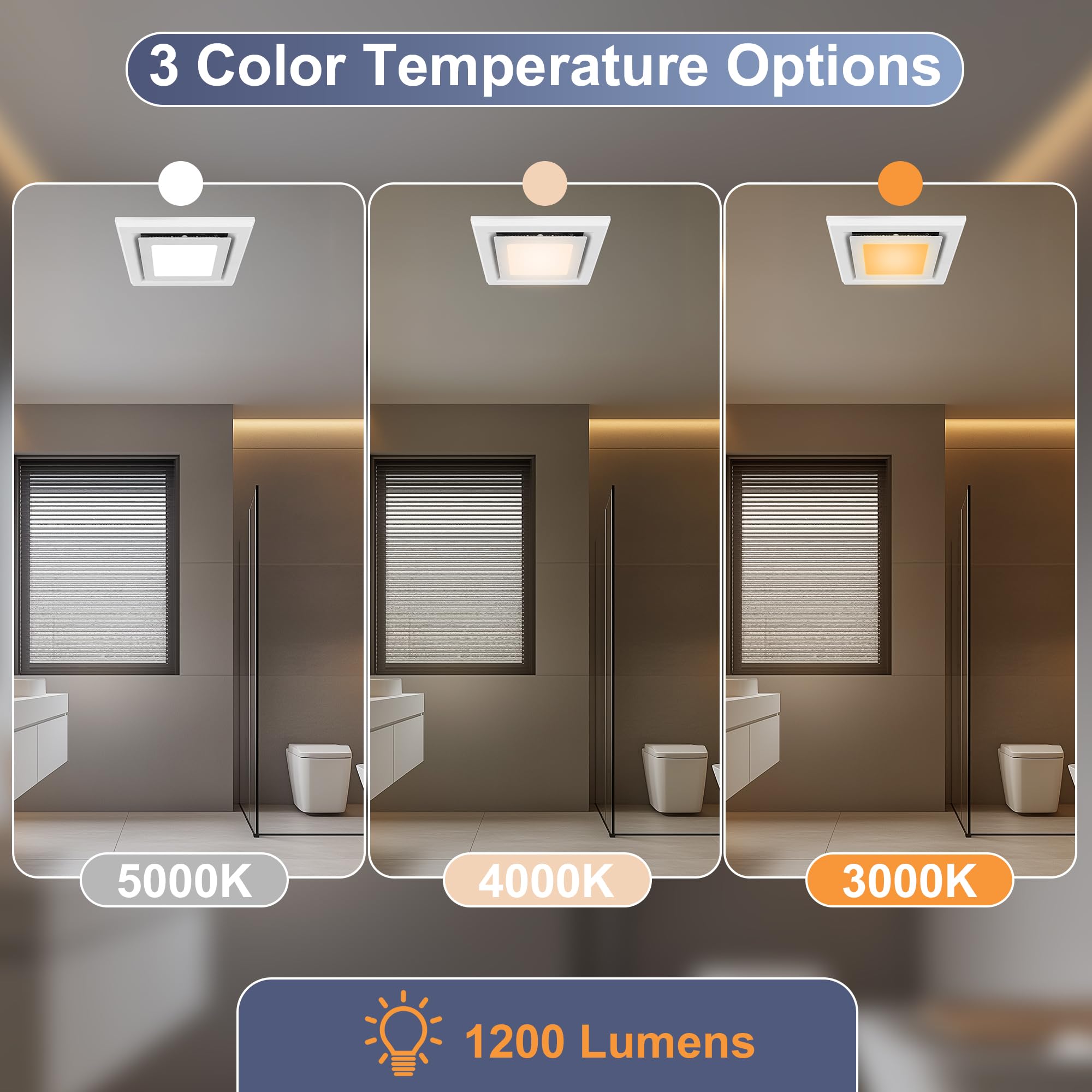 Gaciban Bathroom Exhaust Fan With Light, Bathroom Fan With 1200Lm Led Light 3Cct Selectable, Quiet 1.0 Sone, 110 Cfm Bath Ventil